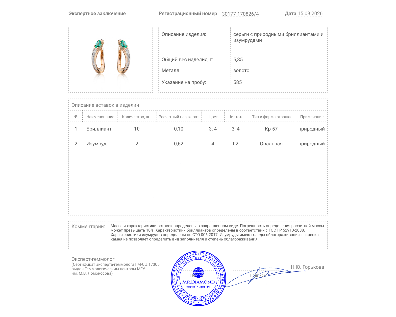 Золотые серьги с изумрудами 0.62ct и бриллиантами 0.10ct