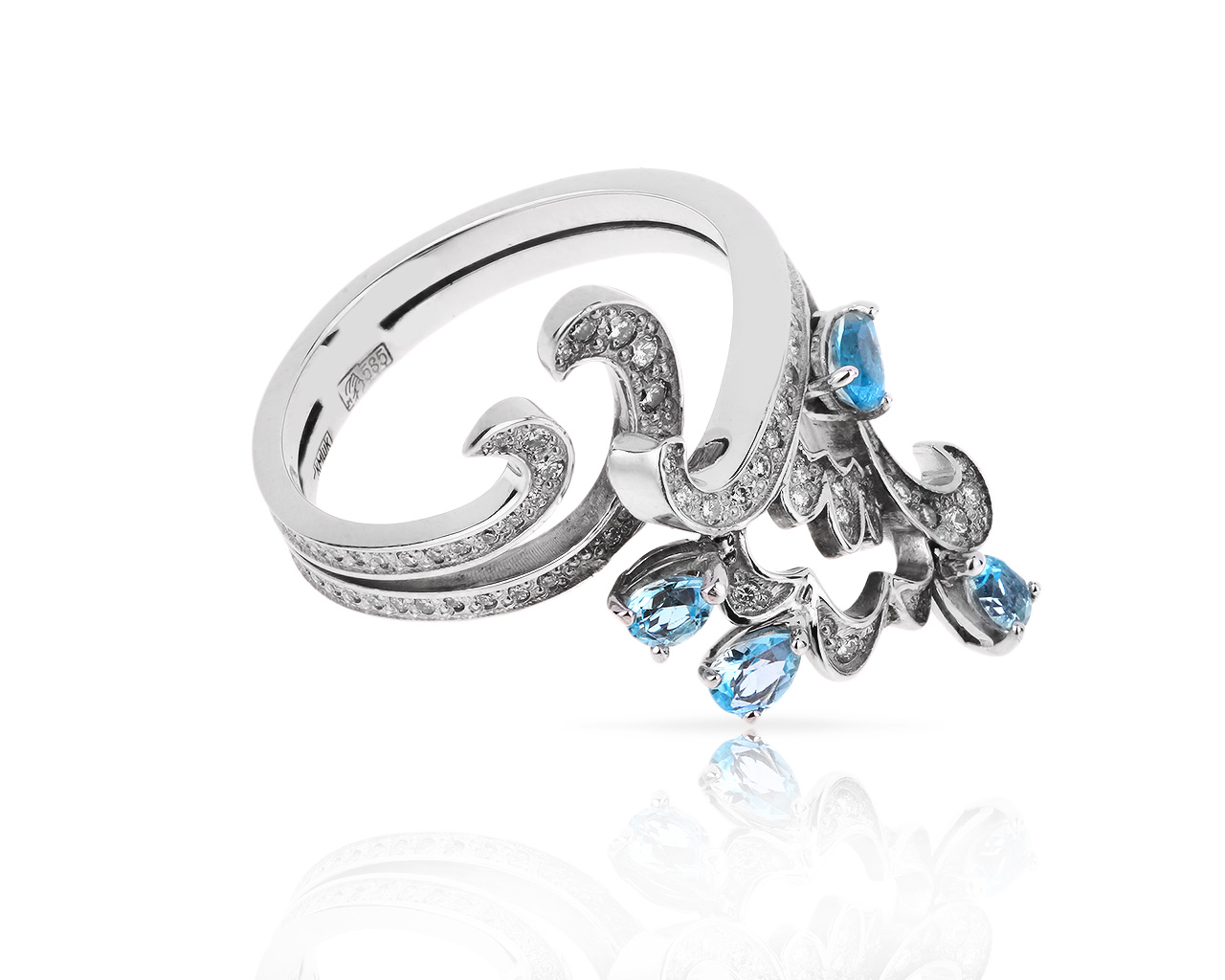 Золотое кольцо с аквамаринами и бриллиантами 0.53ct 160418/10