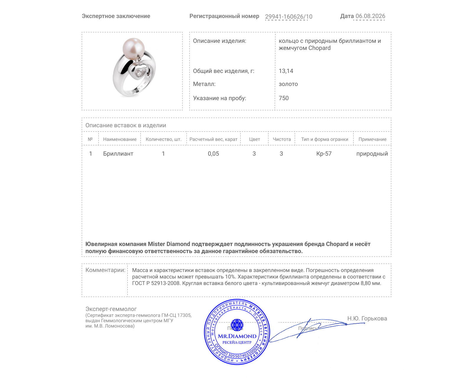Оригинальное золотое кольцо с жемчугом 8.80 мм Chopard Happy Diamonds