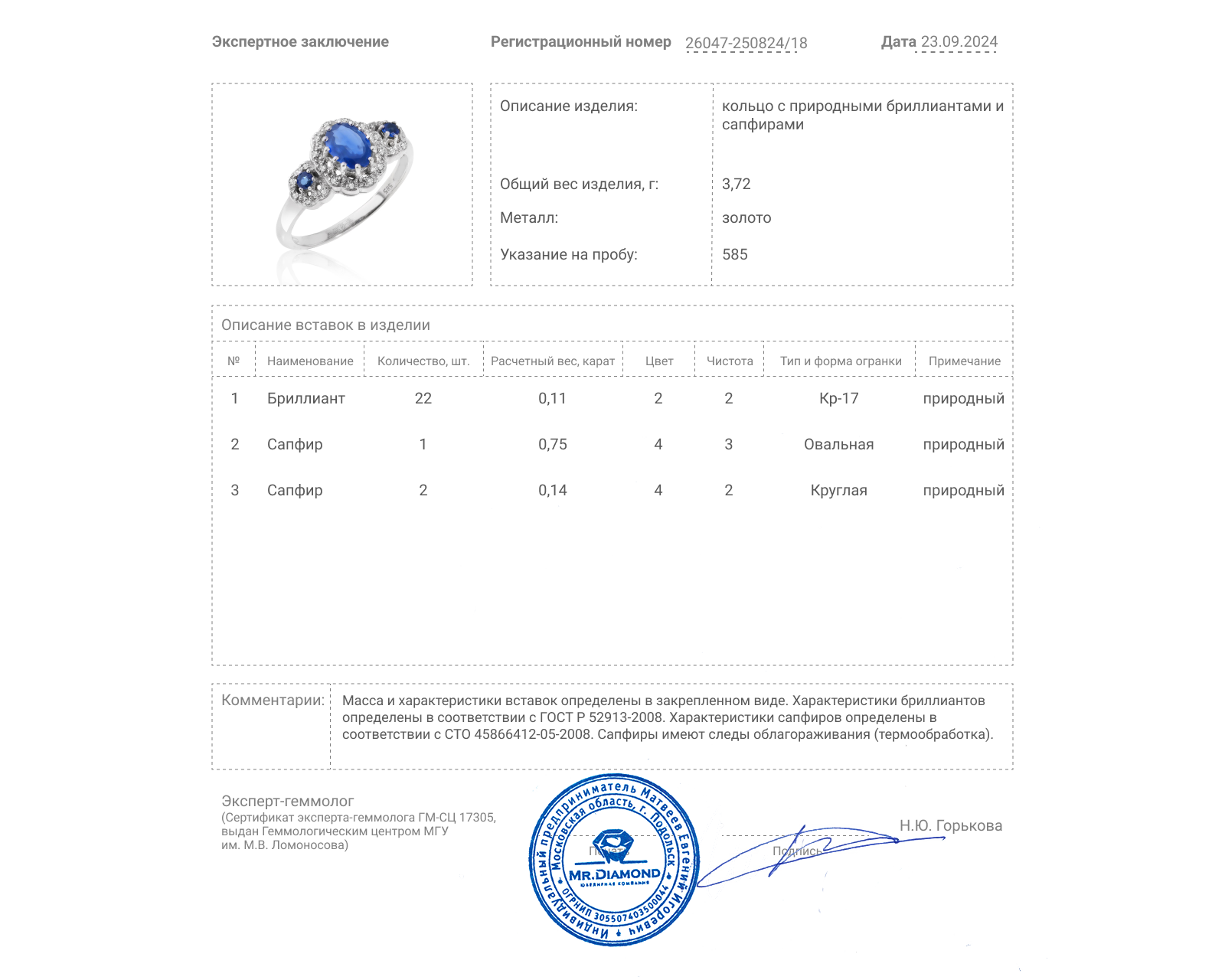 Золотое кольцо с сапфирами 0.89ct и бриллиантами 0.11ct
