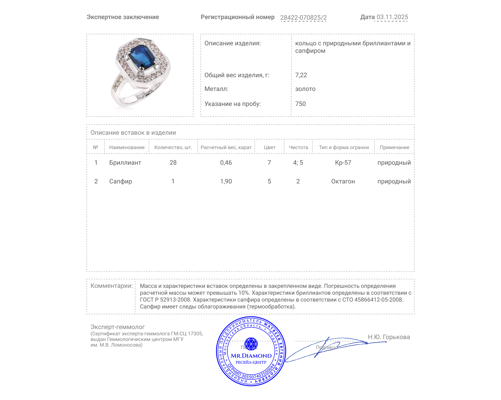 Золотое кольцо с сапфиром 1.90ct и бриллиантами 0.46ct