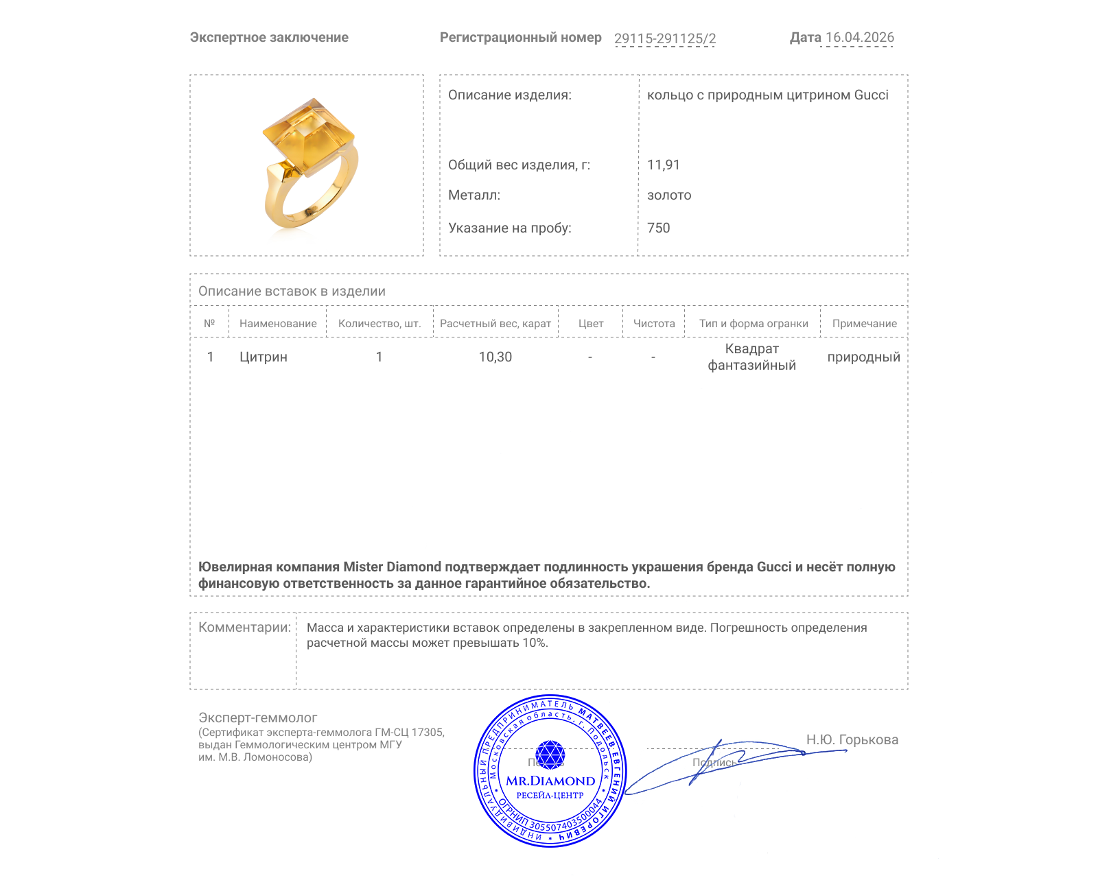 Оригинальное золотое кольцо с цитрином 10.30ct Gucci