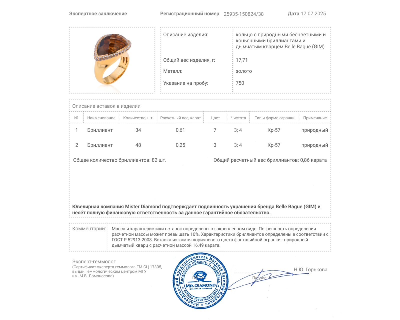 Оригинальное золотое кольцо с кварцем 16.49ct Belle Bague (GIM)