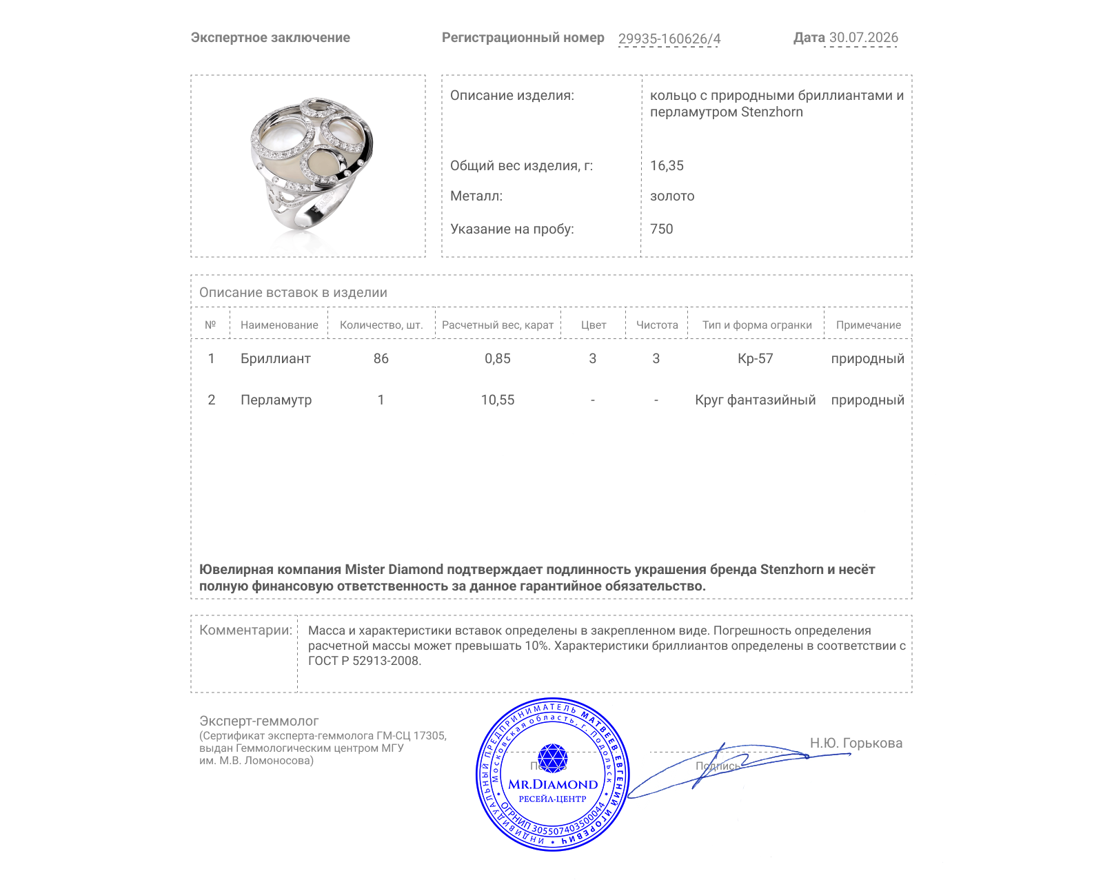 Оригинальное золотое кольцо с перламутром 10.55ct Stenzhorn