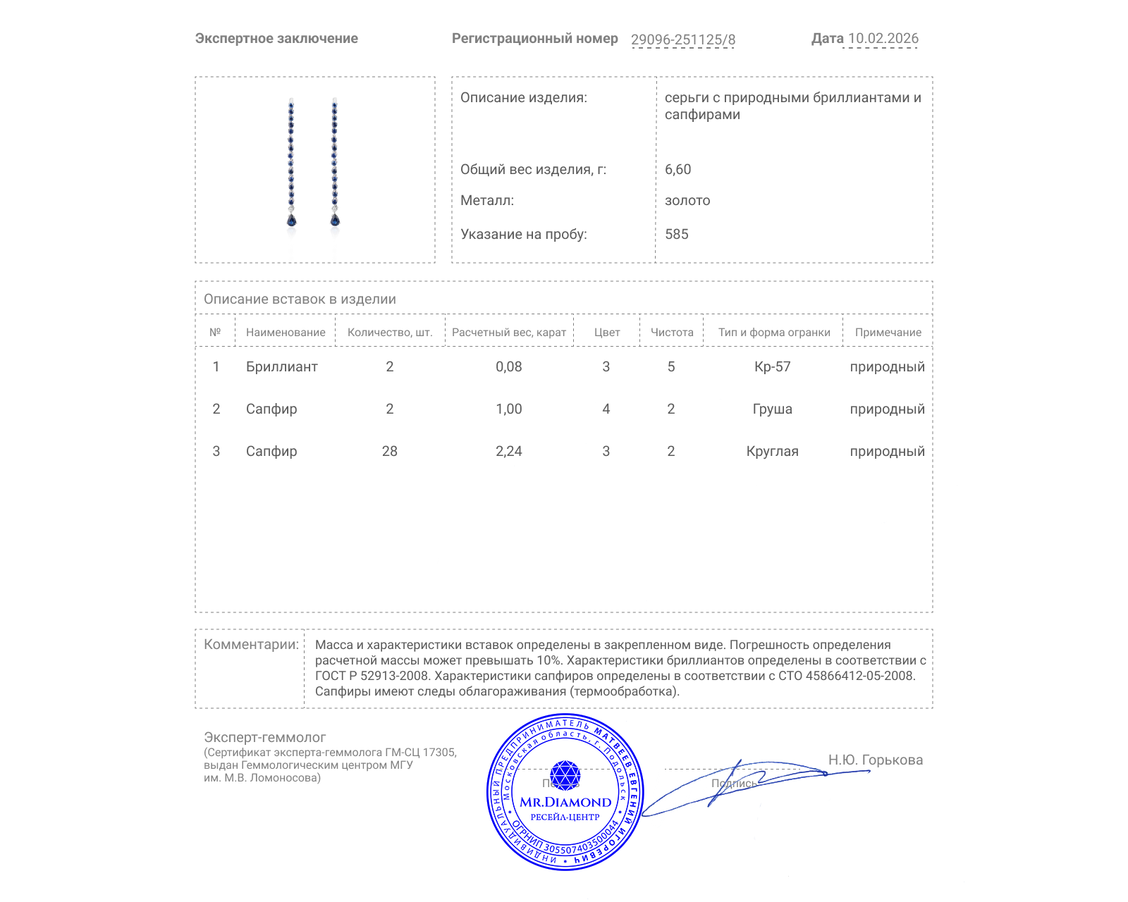 Золотые серьги с сапфирами 3.24ct и бриллиантами 0.08ct