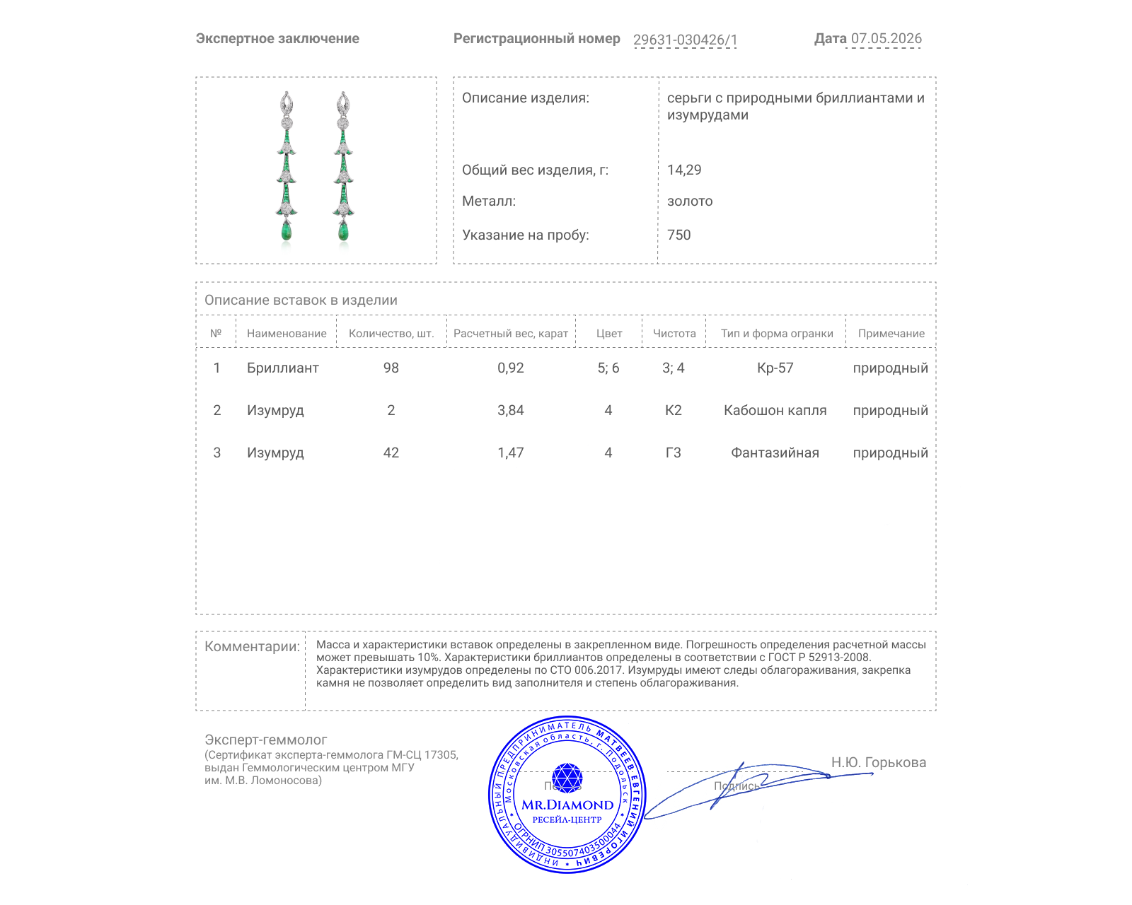 Золотые серьги с изумрудами 5.31ct и бриллиантами 0.92ct