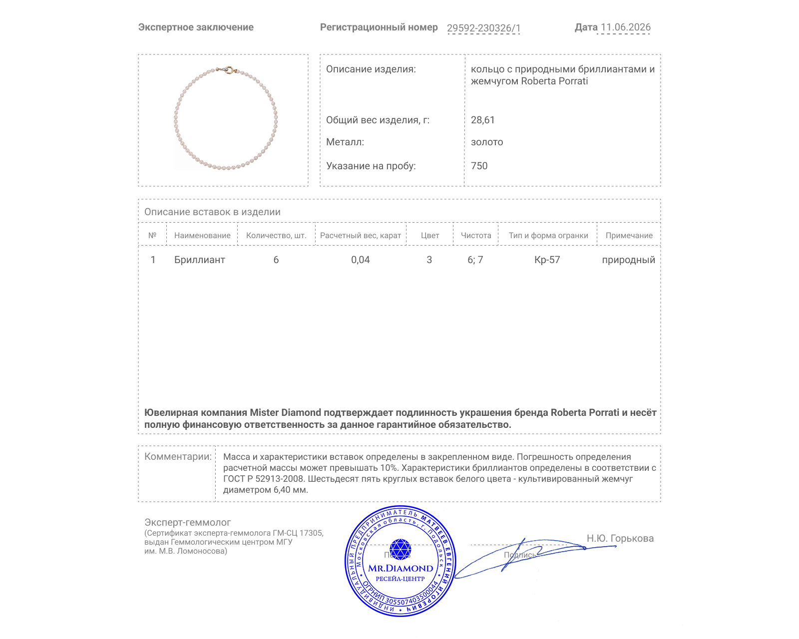 Оригинальное золотое колье с жемчугом 6.40 мм Roberta Porrati