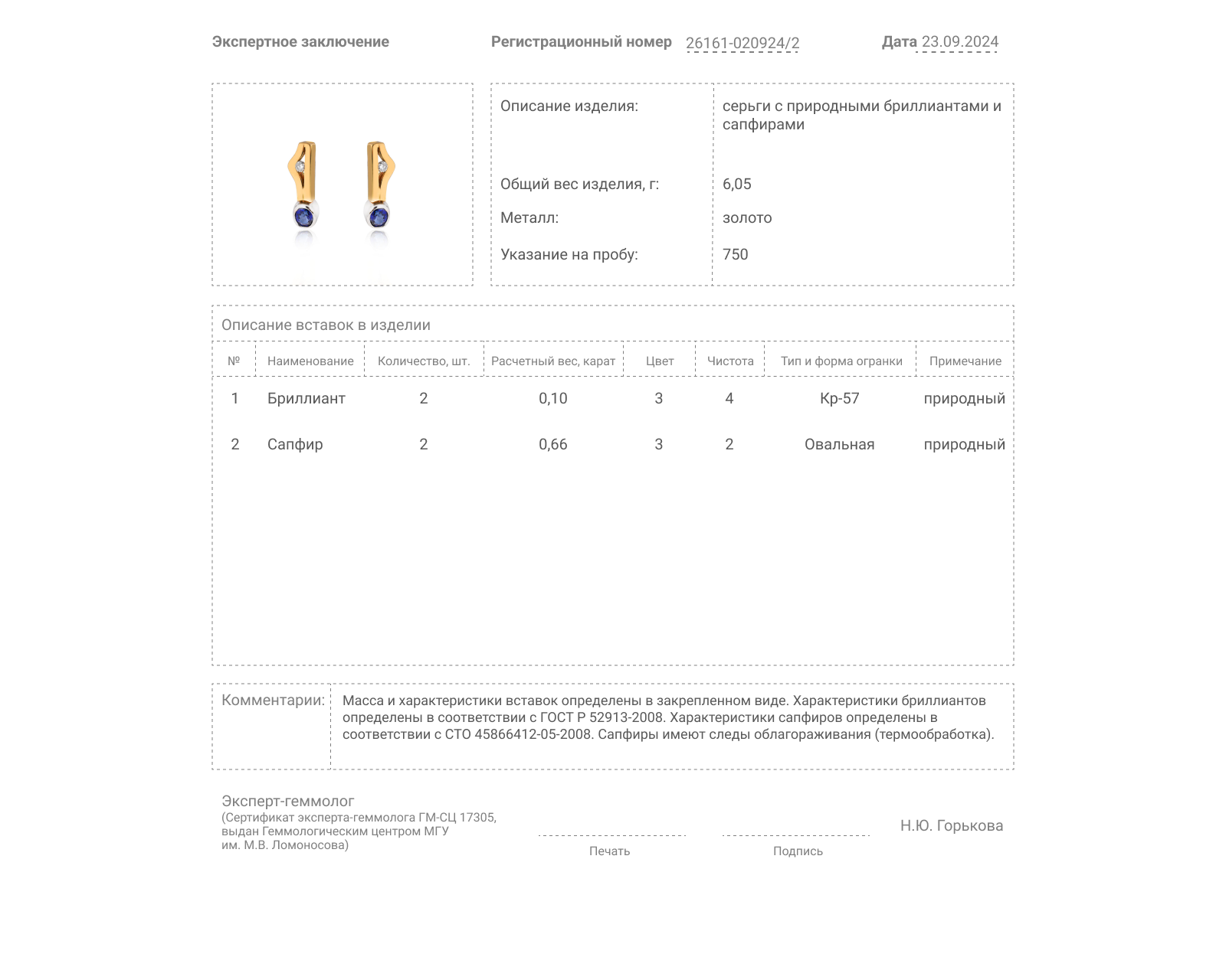 Золотые серьги с сапфирами 0.66ct и бриллиантами 0.10ct