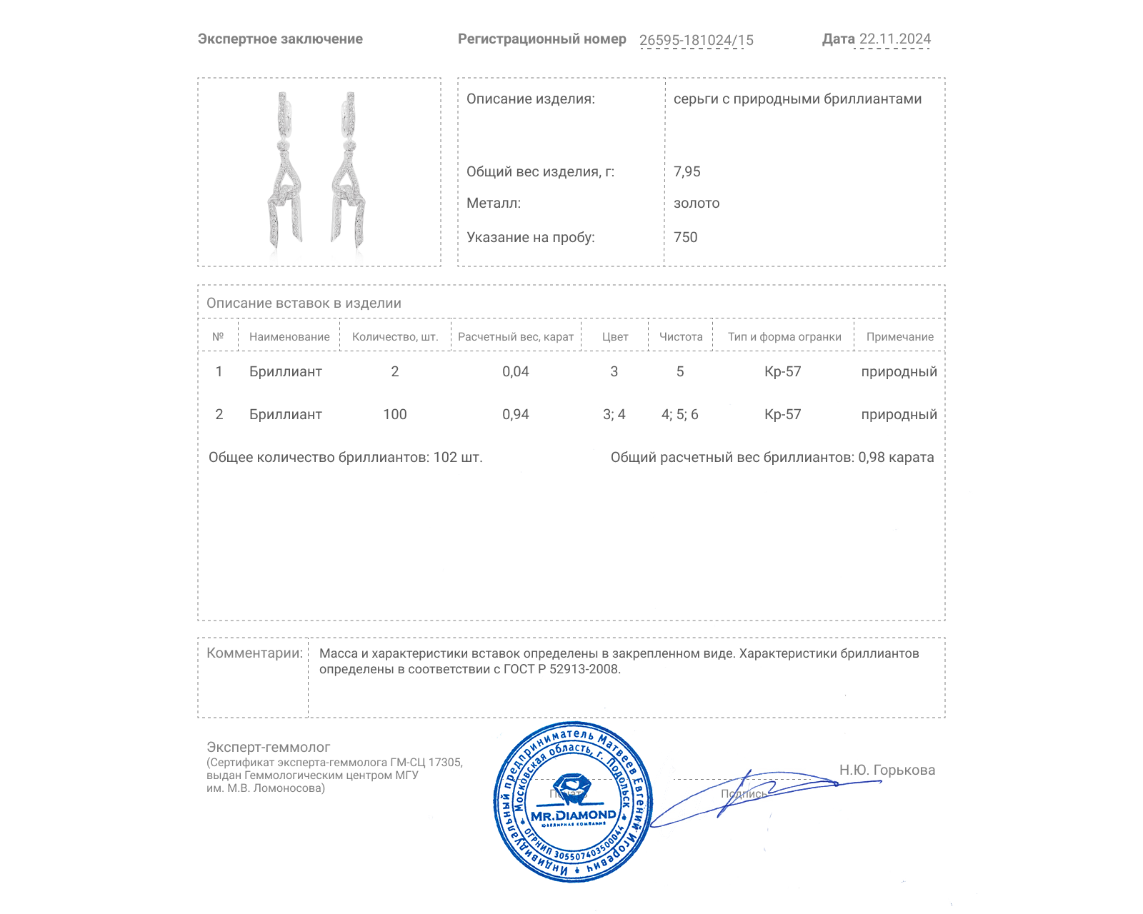 Золотые серьги с бриллиантами 0.98ct