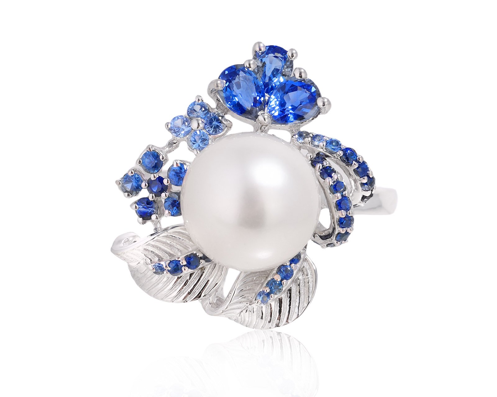Золотое кольцо с жемчугом 10.20 мм и сапфирами 1.37ct 030325/3