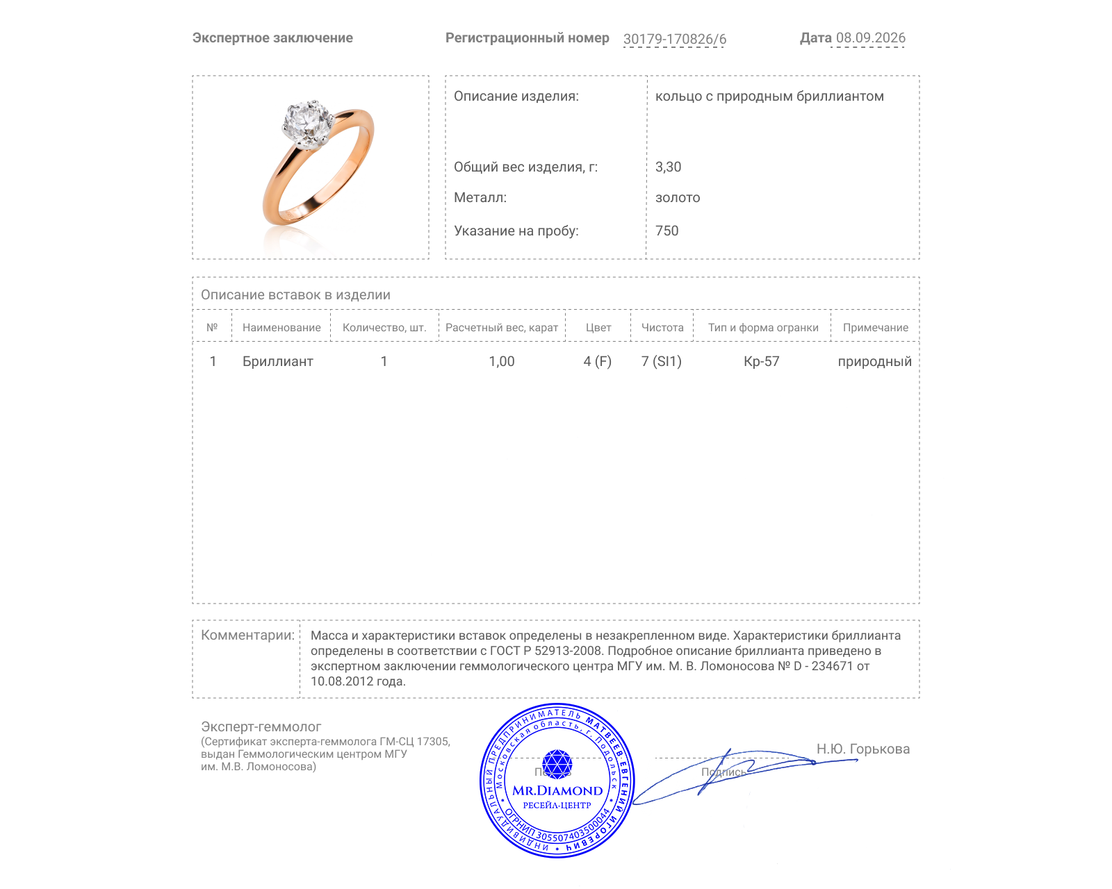Золотое кольцо с бриллиантом 1.00ct