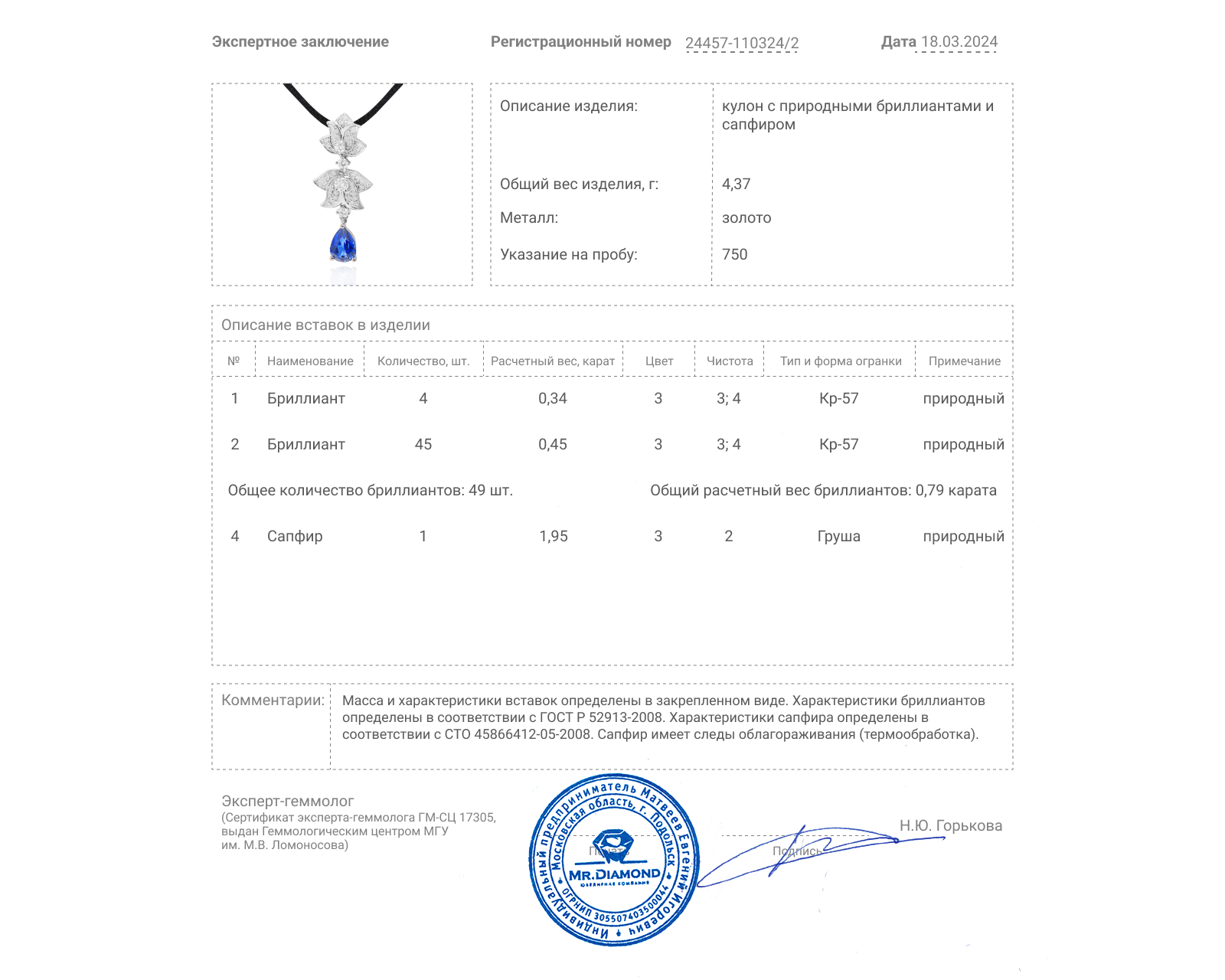 Золотой кулон с сапфиром 1.95ct и бриллиантами 0.79ct