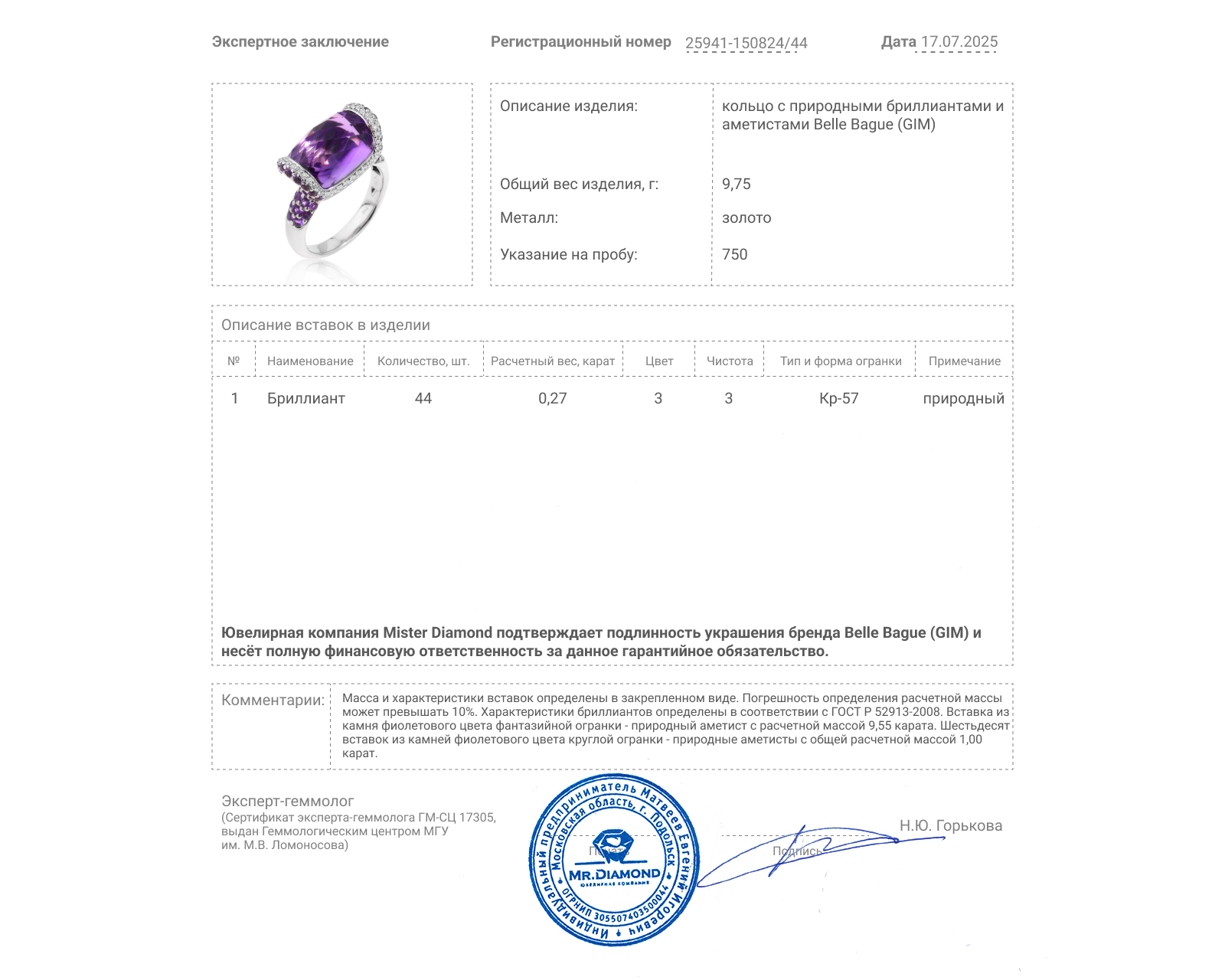 Оригинальное золотое кольцо с аметистами 10.55ct Belle Bague (GIM)