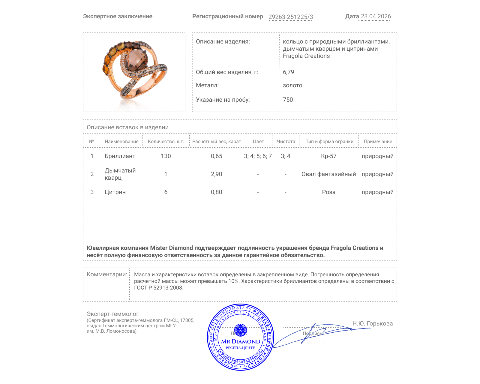 Оригинальное золотое кольцо с дымчатым кварцем 2.90ct Fragola Creations