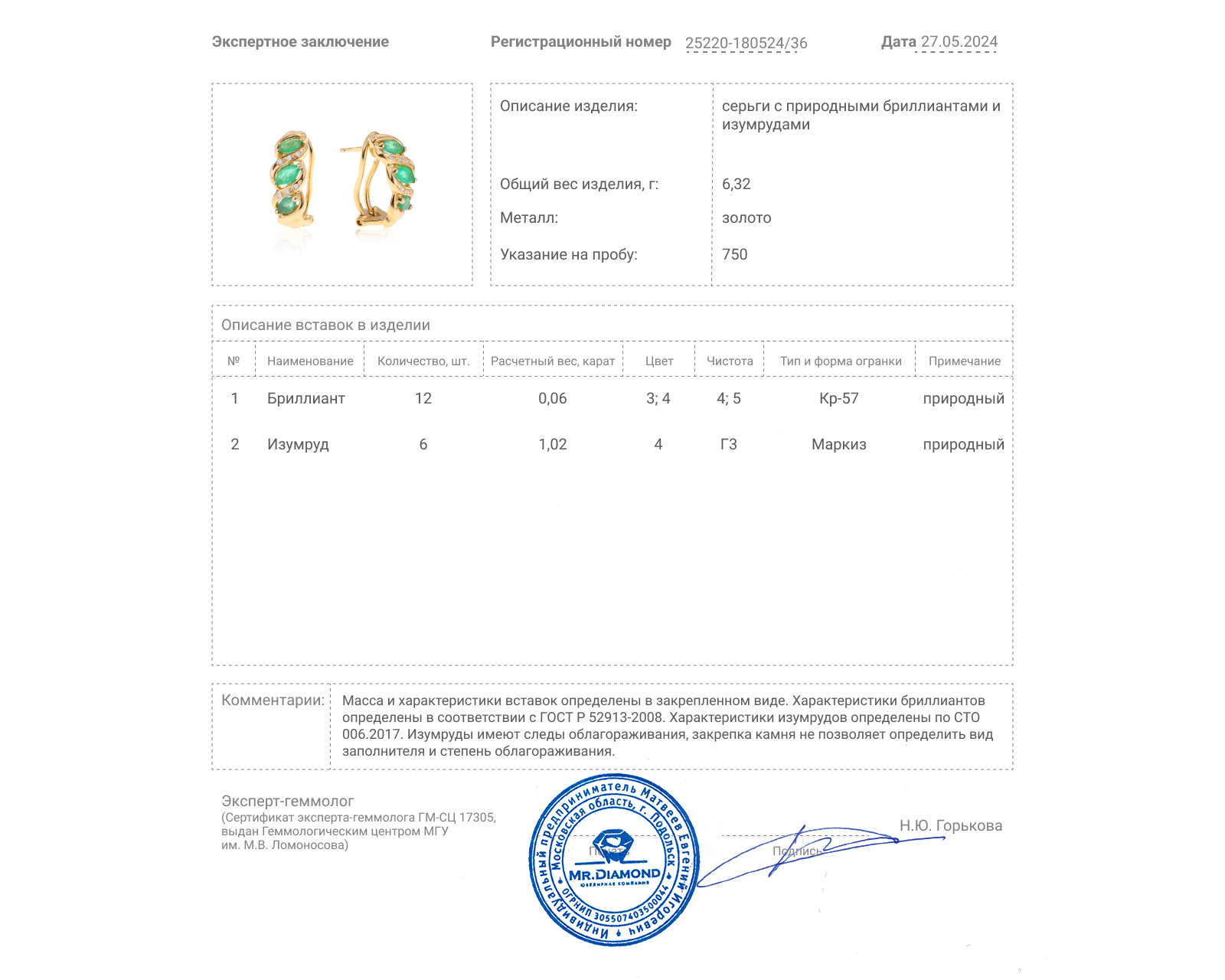 Золотые серьги с изумрудами 1.02ct и бриллиантами 0.06ct