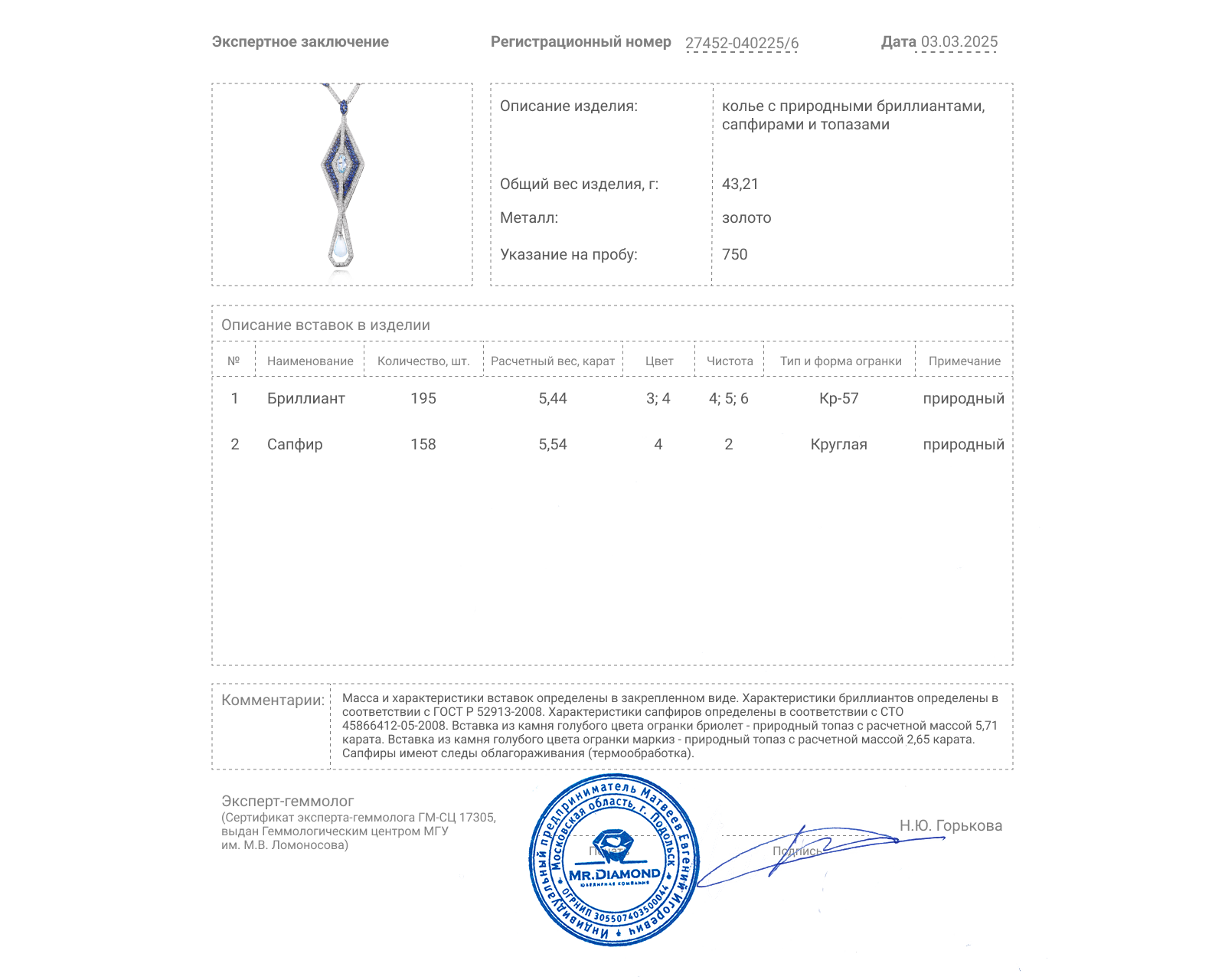 Золотое колье с топазами 8.35ct и бриллиантами 5.44ct