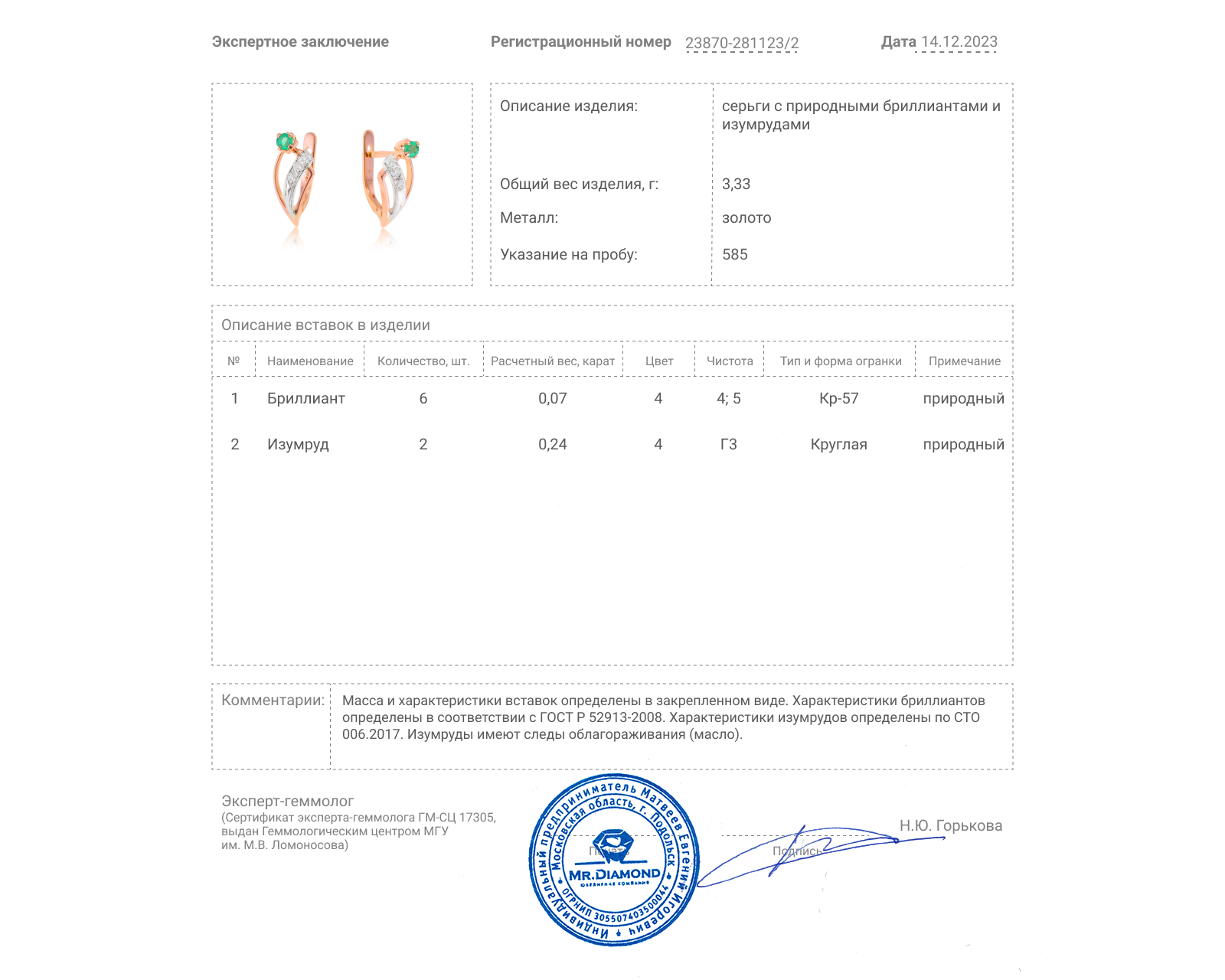 Золотые серьги с изумрудами 0.24ct и бриллиантами 0.07ct