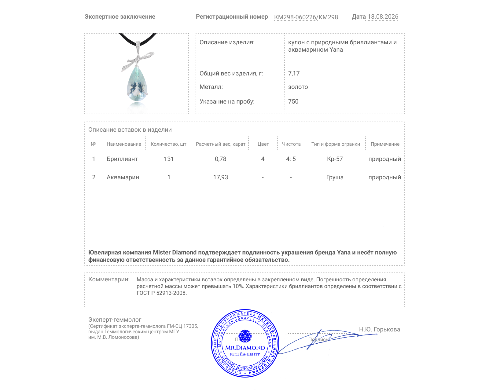 Оригинальный золотой кулон с аквамарином 17.93ct Yana
