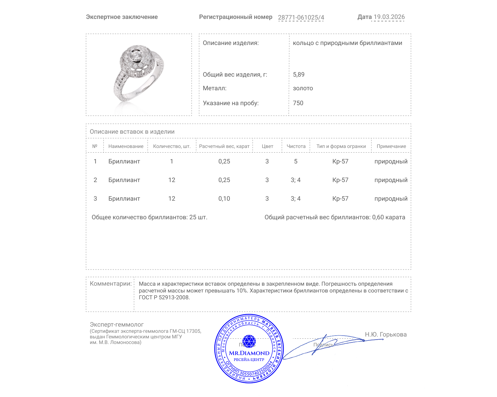 Золотое кольцо с бриллиантами 0.60ct
