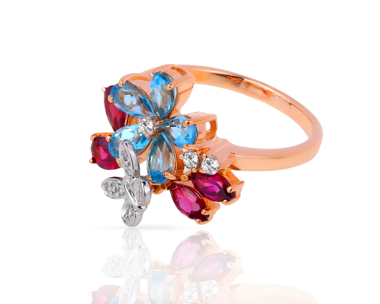 Красивое золотое кольцо с бриллиантами, топазами и турмалинами