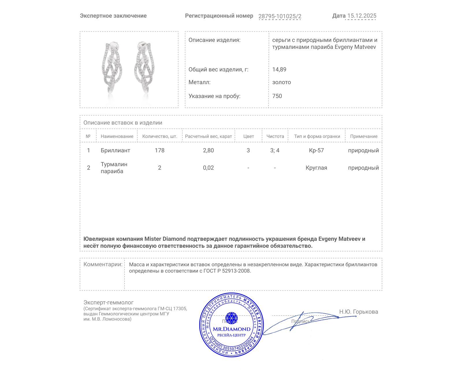 Золотые серьги с бриллиантами 2.80ct Evgeny Matveev