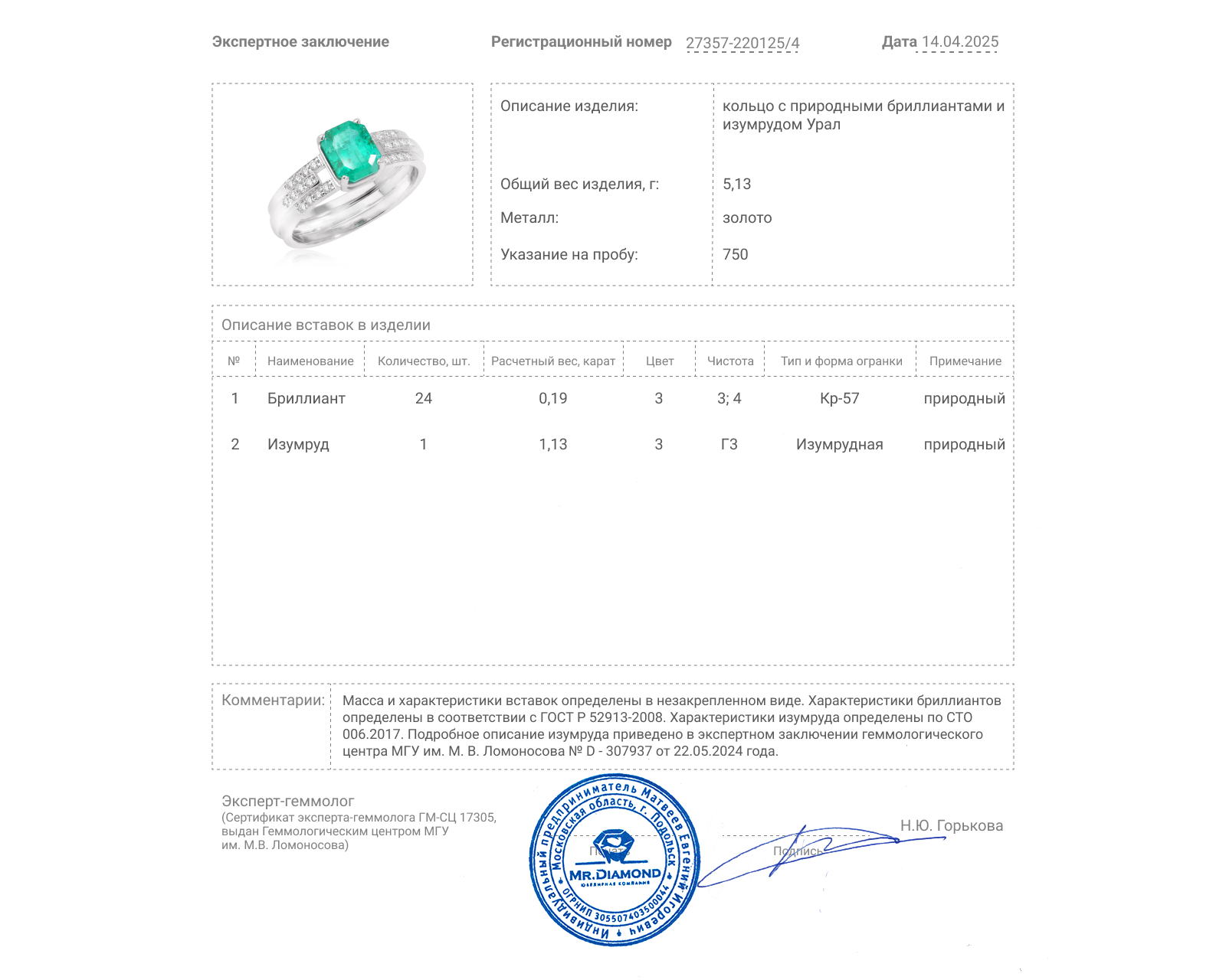 Золотое кольцо с изумрудом Урал 1.13ct и бриллиантами 0.19ct