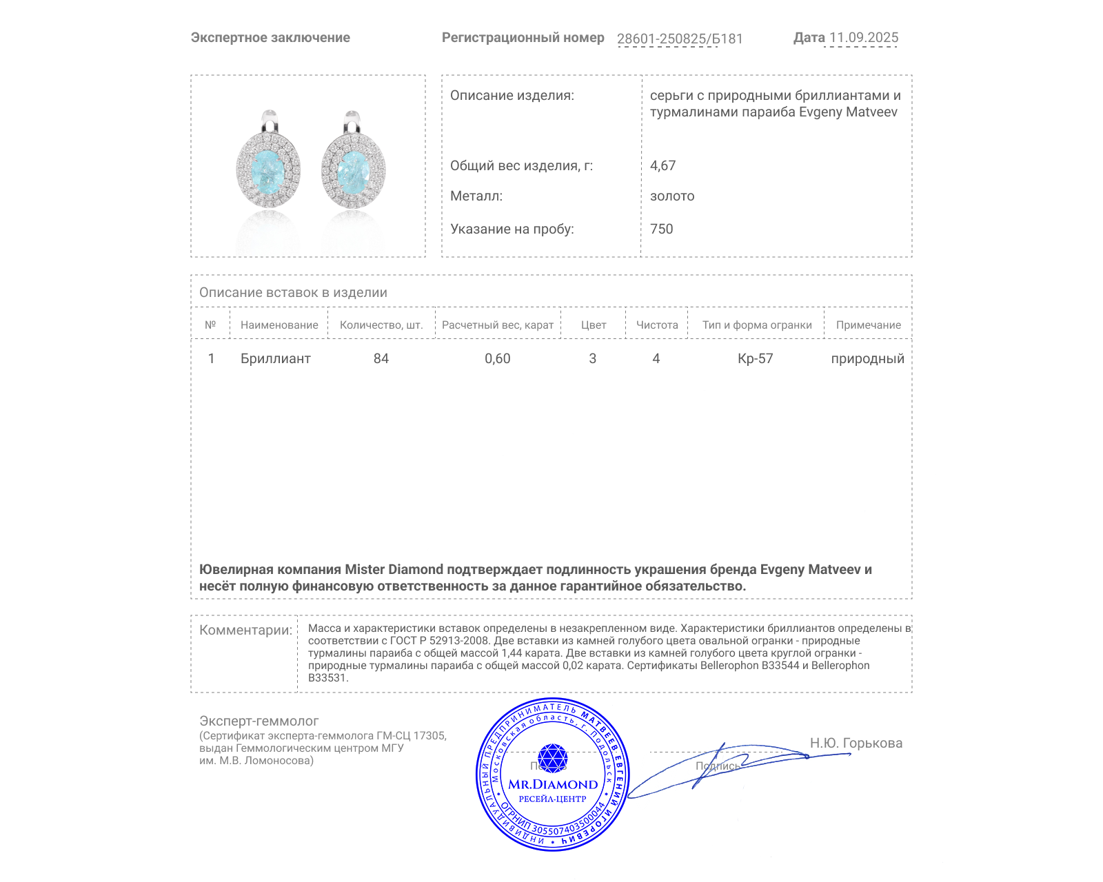 Золотые серьги с турмалинами параиба 1.46ct Evgeny Matveev