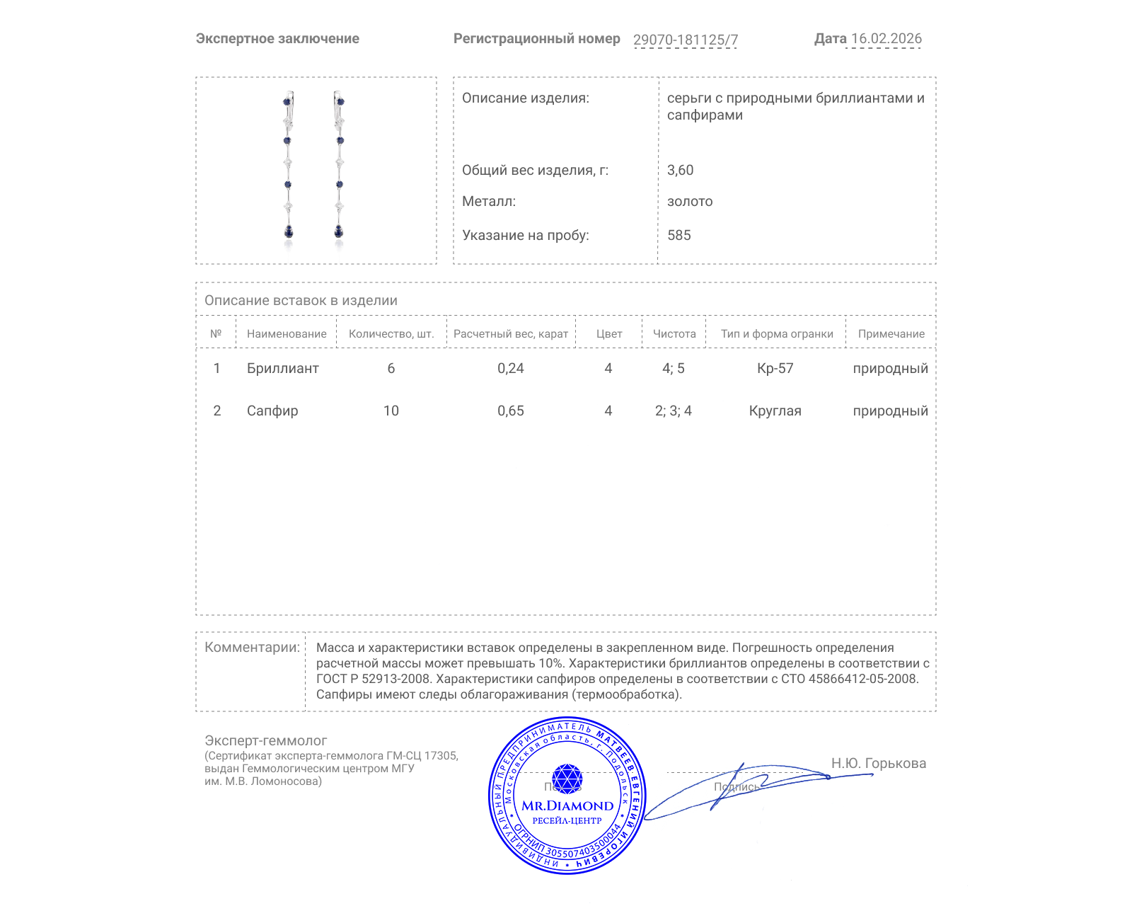 Золотые серьги с сапфирами 0.65ct и бриллиантами 0.24ct