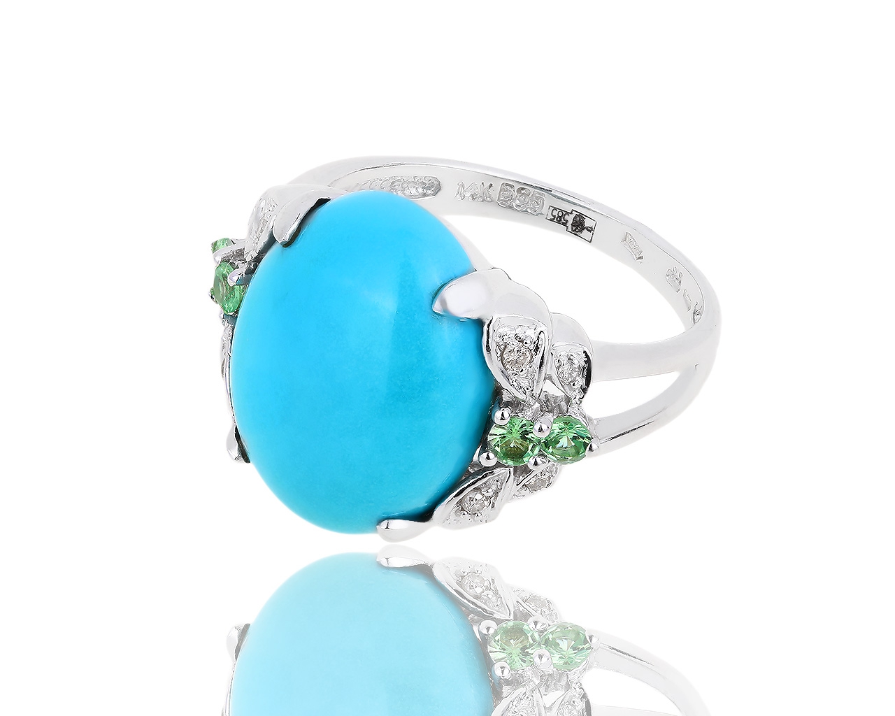 Золотое кольцо с бирюзой, хризолитами и бриллиантами 0.06ct 080818/2