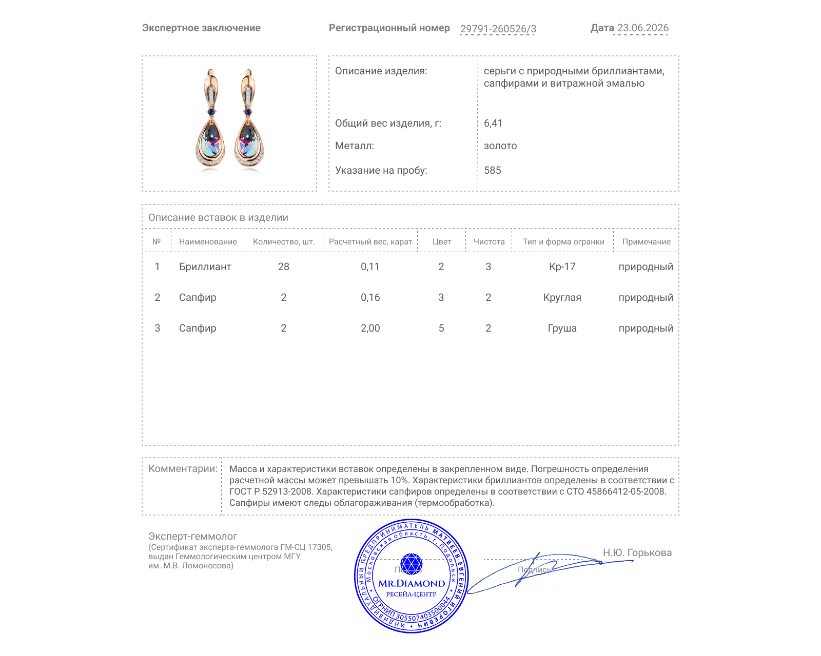 Золотые серьги с сапфирами 2.16ct и бриллиантами 0.11ct
