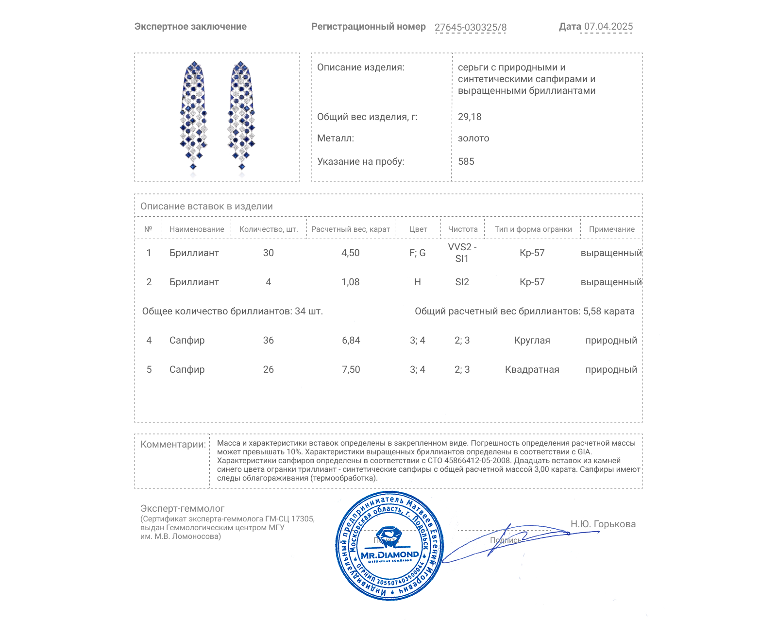 Золотые серьги с сапфирами 14.34ct и бриллиантами 5.58ct