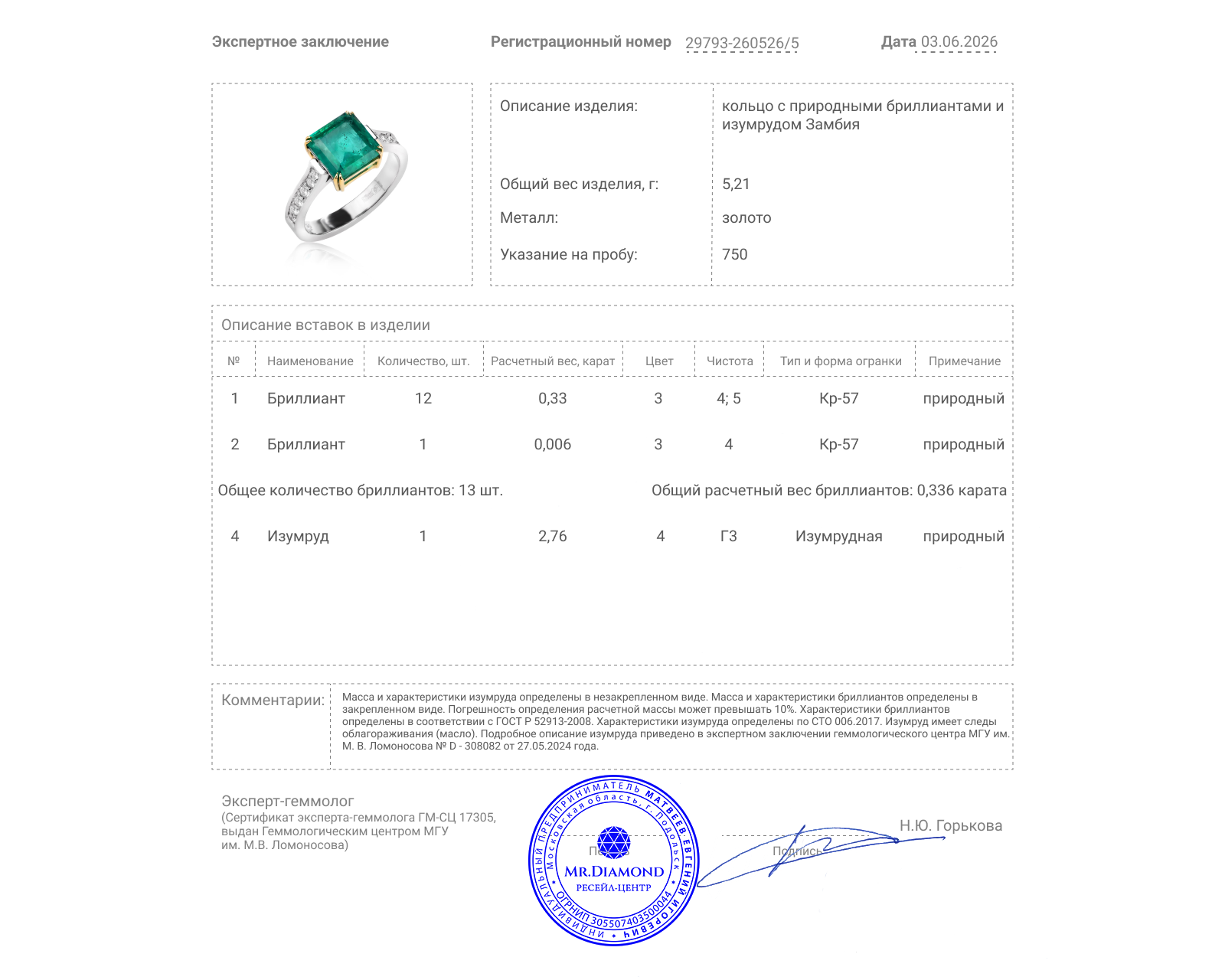 Золотое кольцо с изумрудом Замбия 2.76ct и бриллиантами 0.336ct