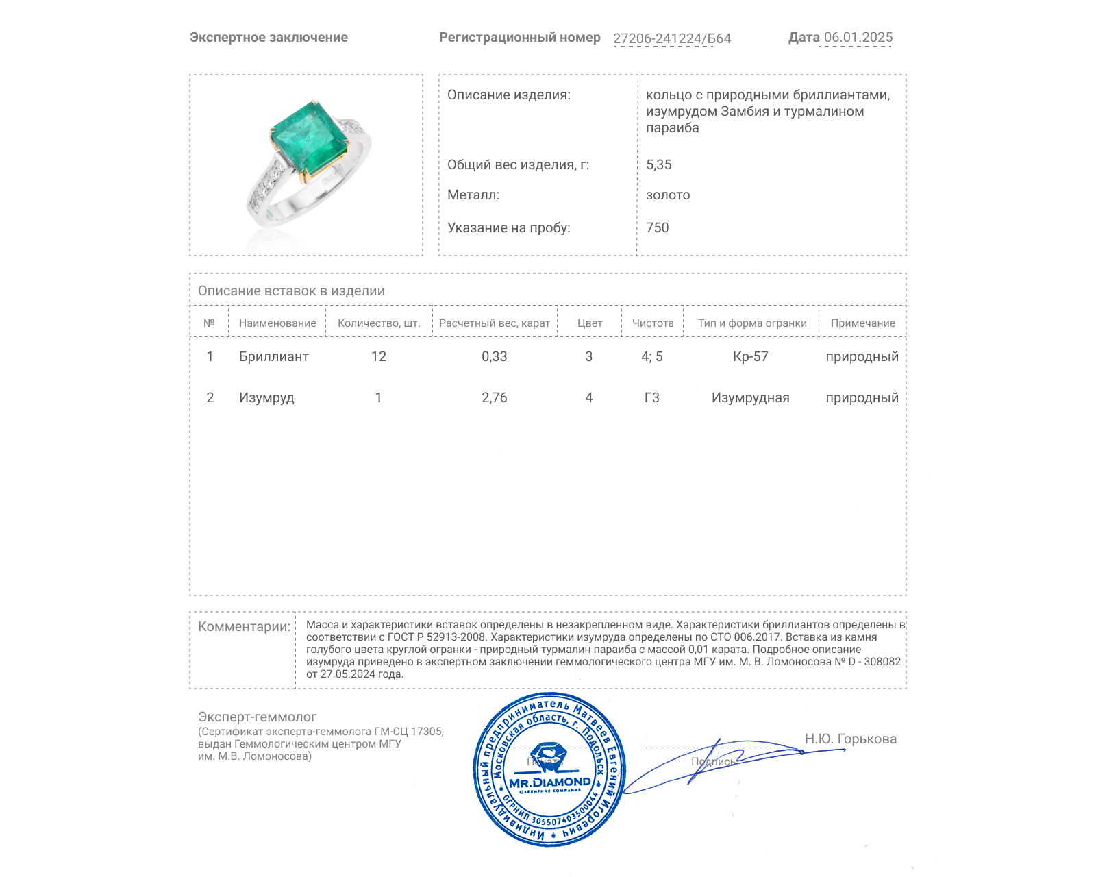 Золотое кольцо с изумрудом Замбия 2.76ct