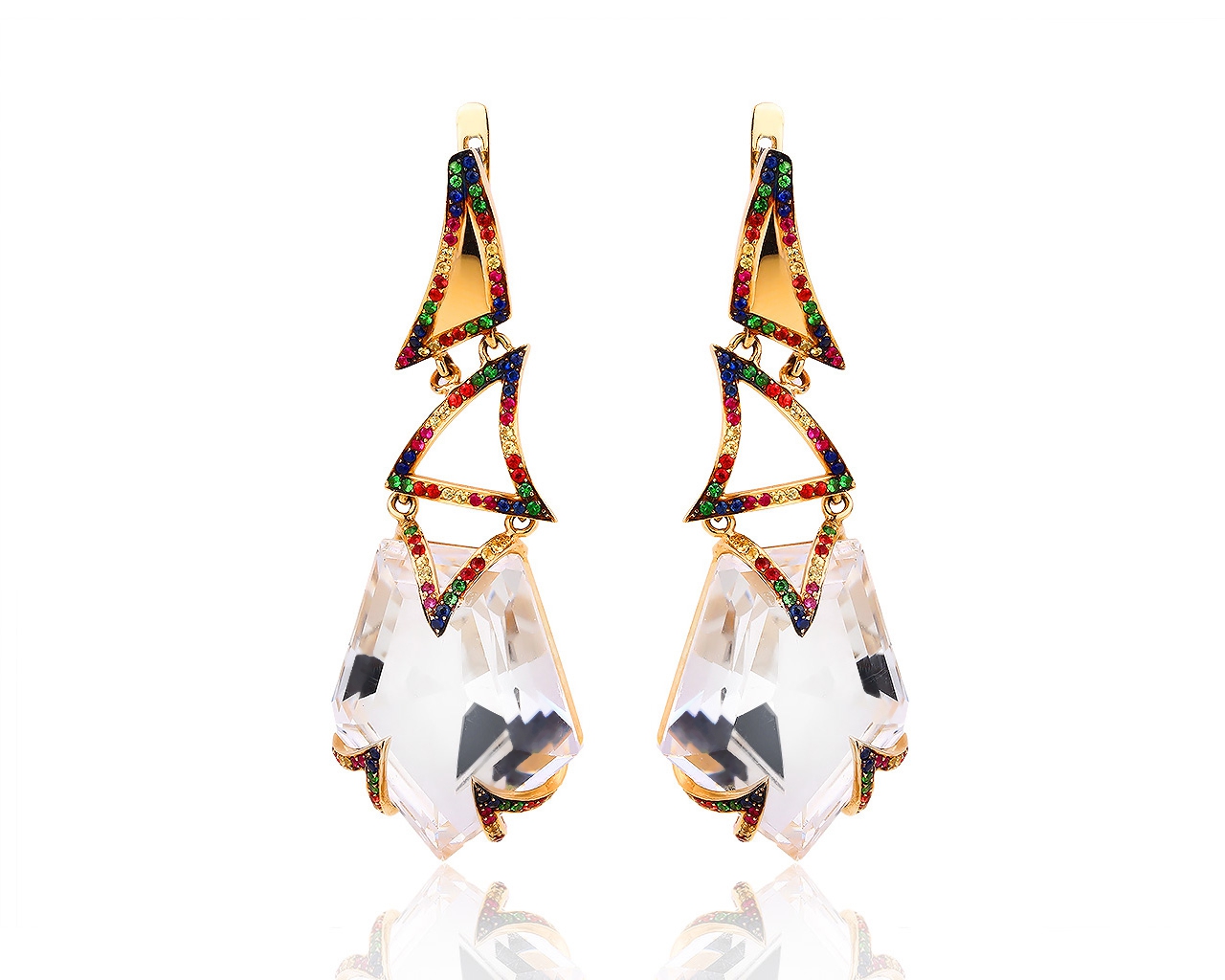 Волшебные золотые серьги с кварцем и цветными сапфирами 161218/5