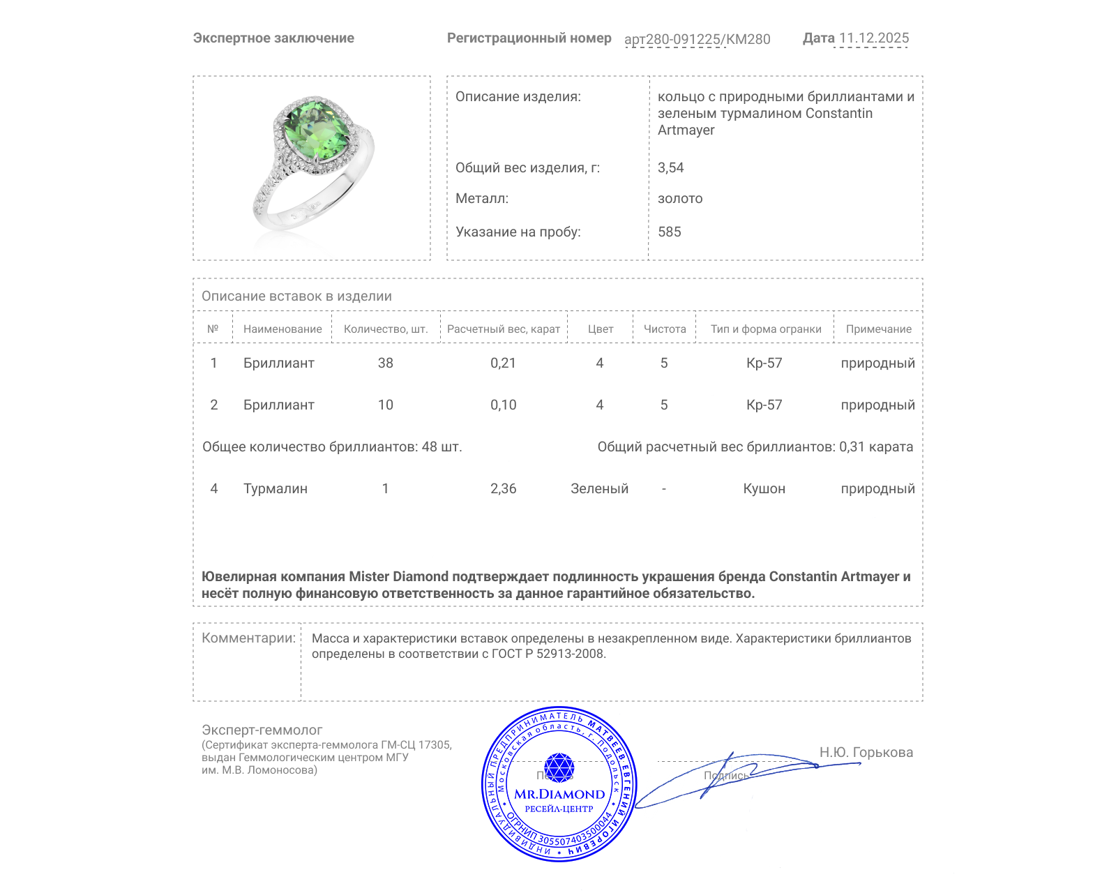Оригинальное золотое кольцо с турмалином 2.36ct Constantin Artmayer