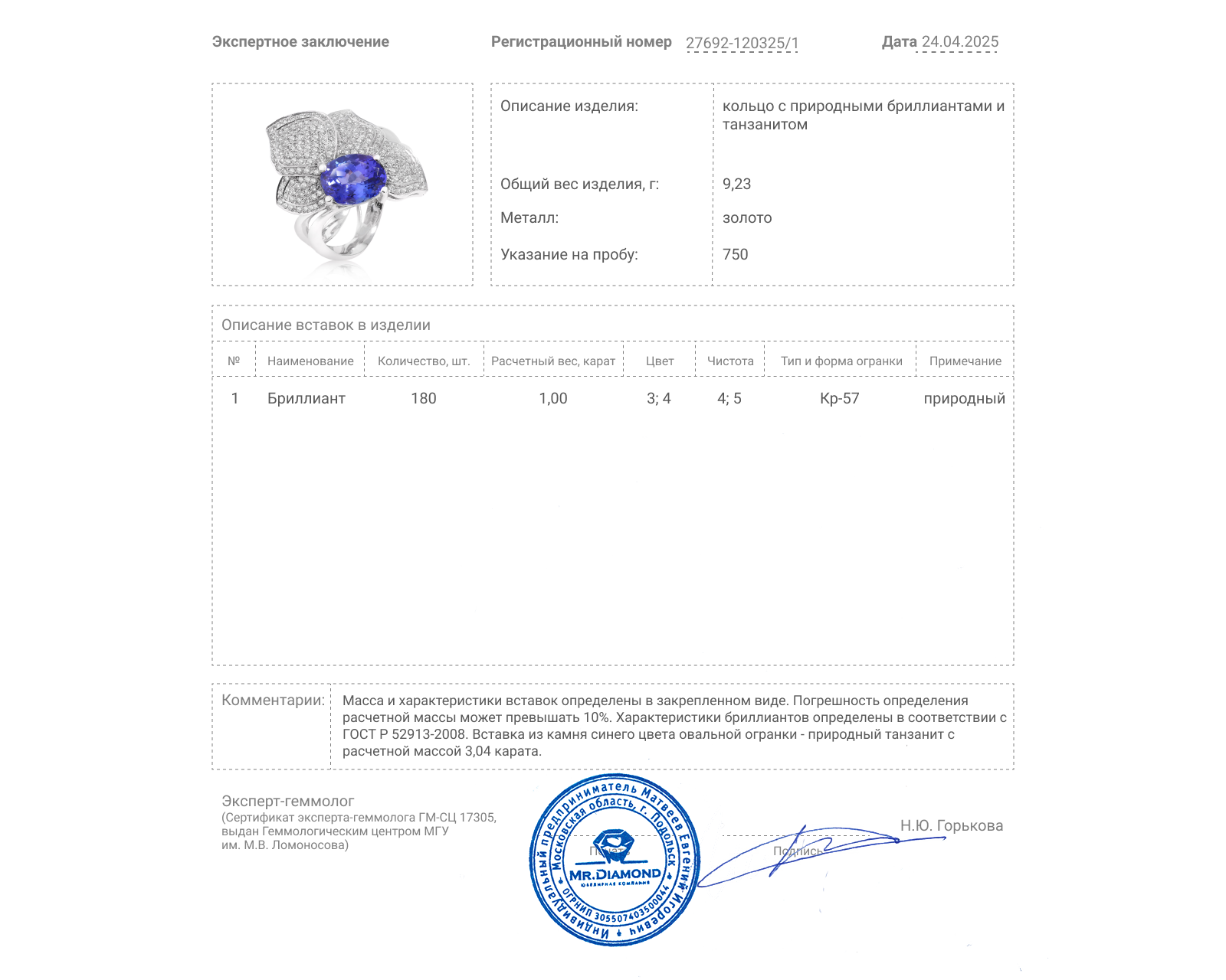Золотое кольцо с танзанитом 3.04ct и бриллиантами 1.00ct