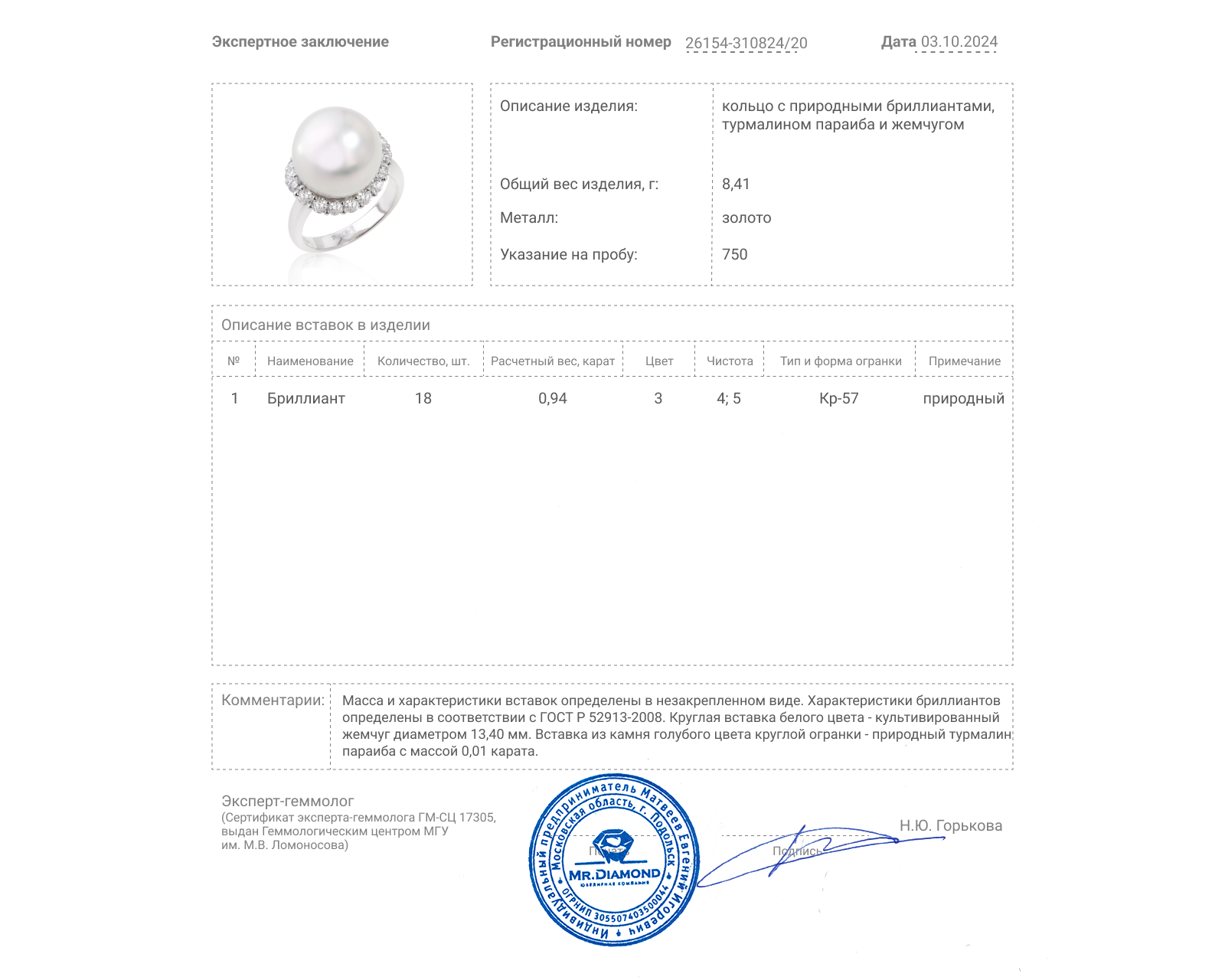 Золотое кольцо с жемчугом и бриллиантами 0.94ct Evgeny Matveev