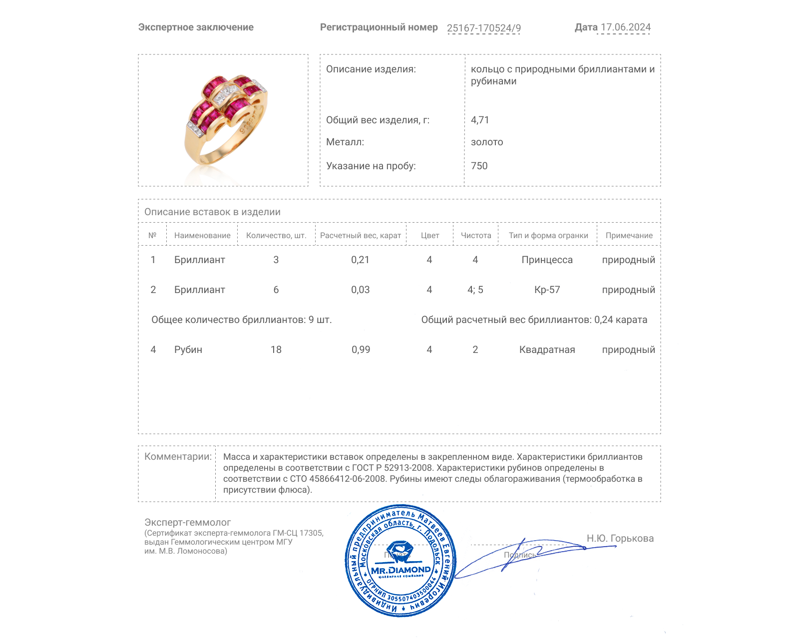 Золотое кольцо с рубинами 0.99ct и бриллиантами 0.24ct