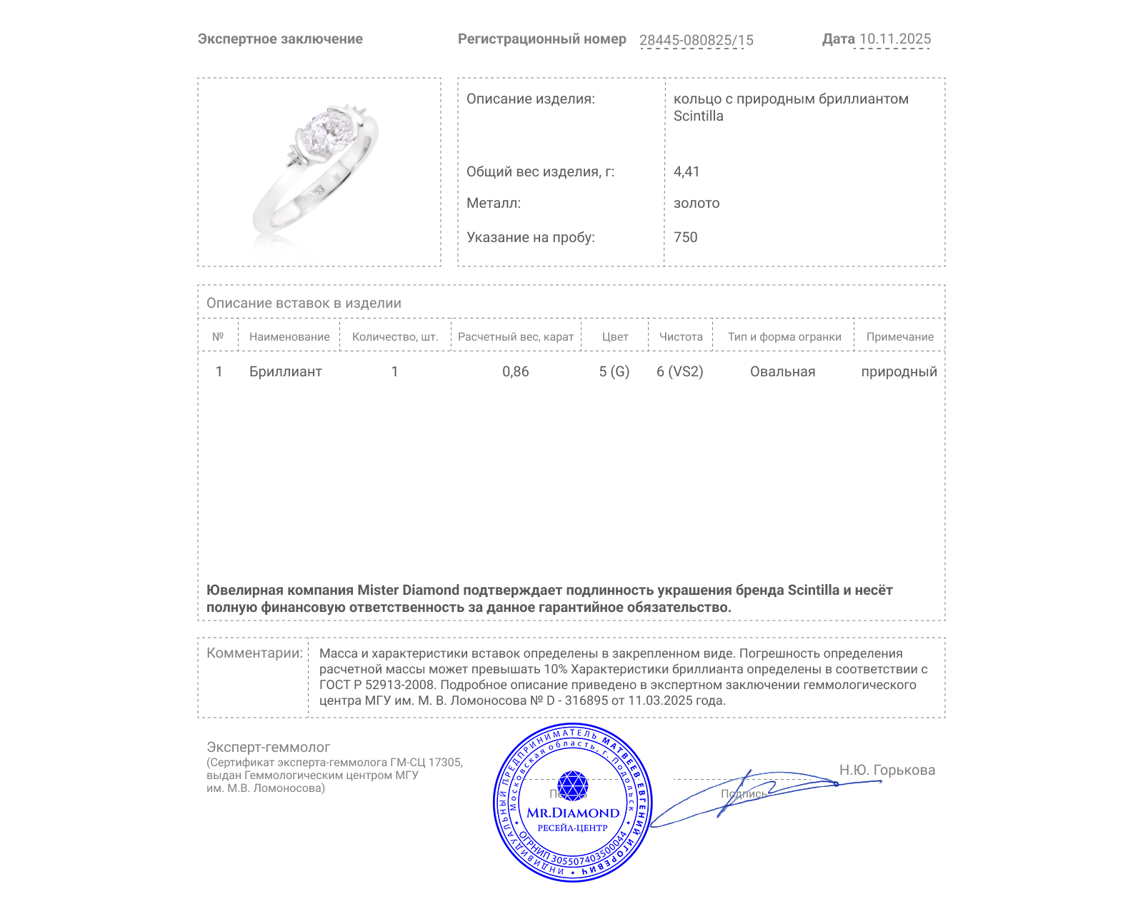 Оригинальное золотое кольцо с бриллиантом 0.86ct Scintilla