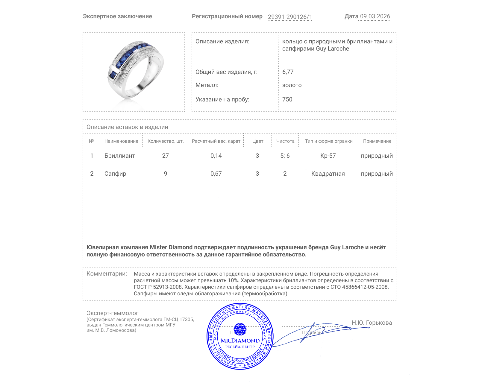 Оригинальное золотое кольцо с сапфирами 0.67ct Guy Laroche