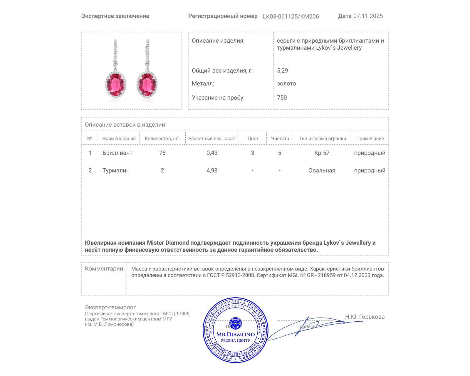 Оригинальные золотые серьги с турмалинами 4.98ct Lykov`s Jewellery