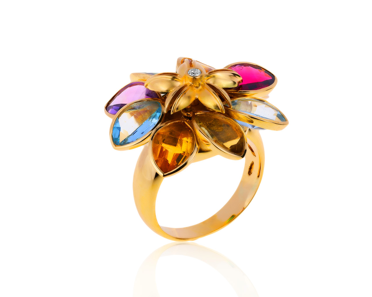 Завораживающее золотое кольцо с цветными камнями 5.16ct