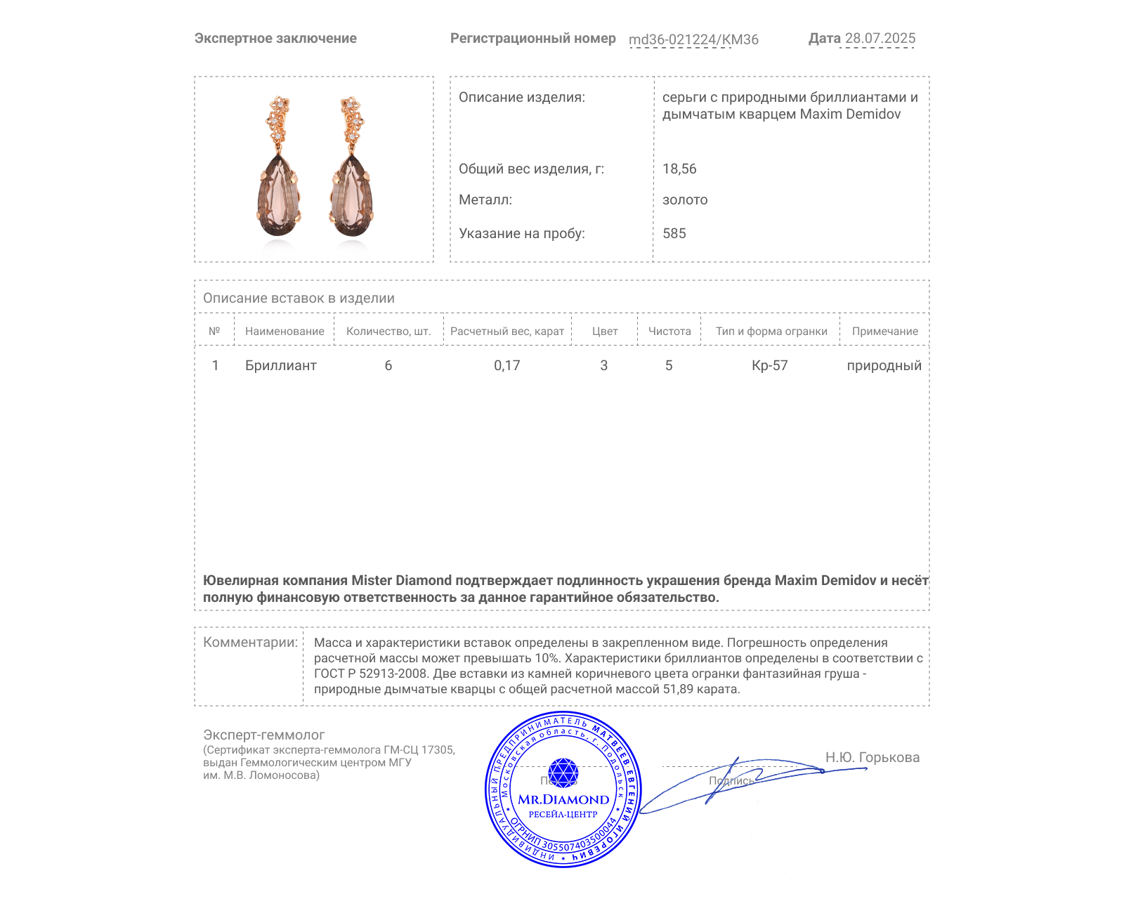 Оригинальные золотые серьги с дымчатым кварцем 51.89ct Maxim Demidov