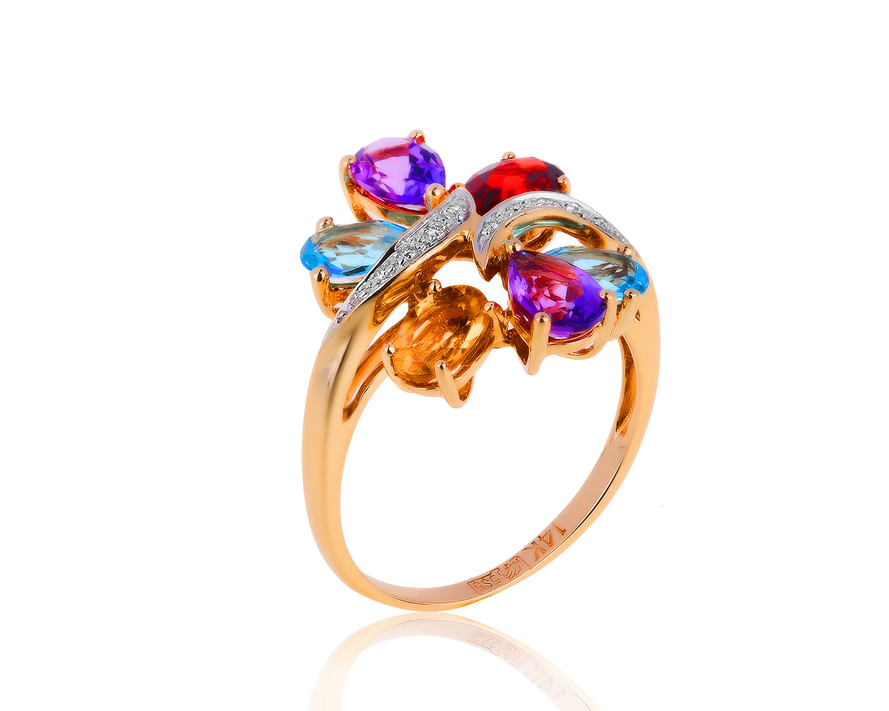 Коктейльное золотое кольцо с цветными камнями