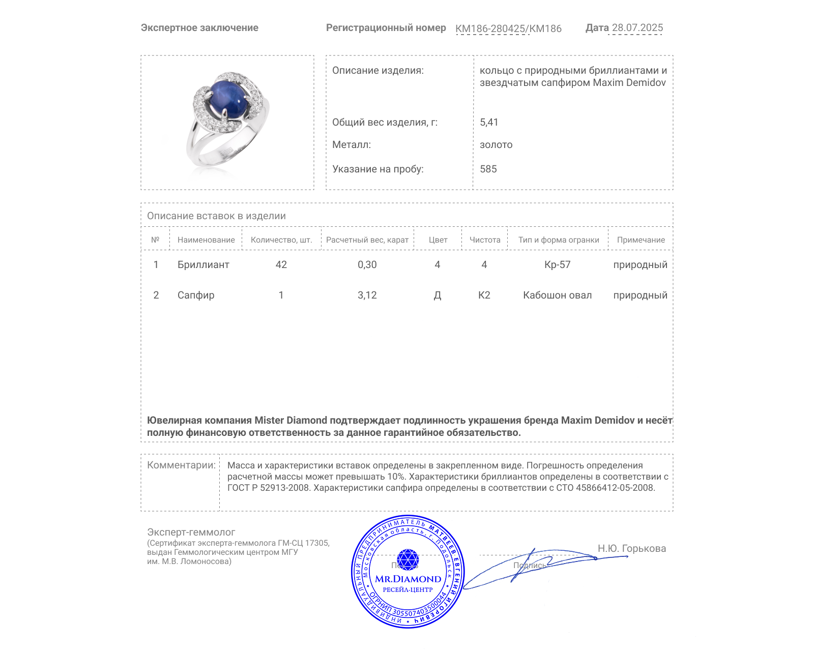 Оригинальное золотое кольцо со звездчатым сапфиром 3.12ct Maxim Demidov