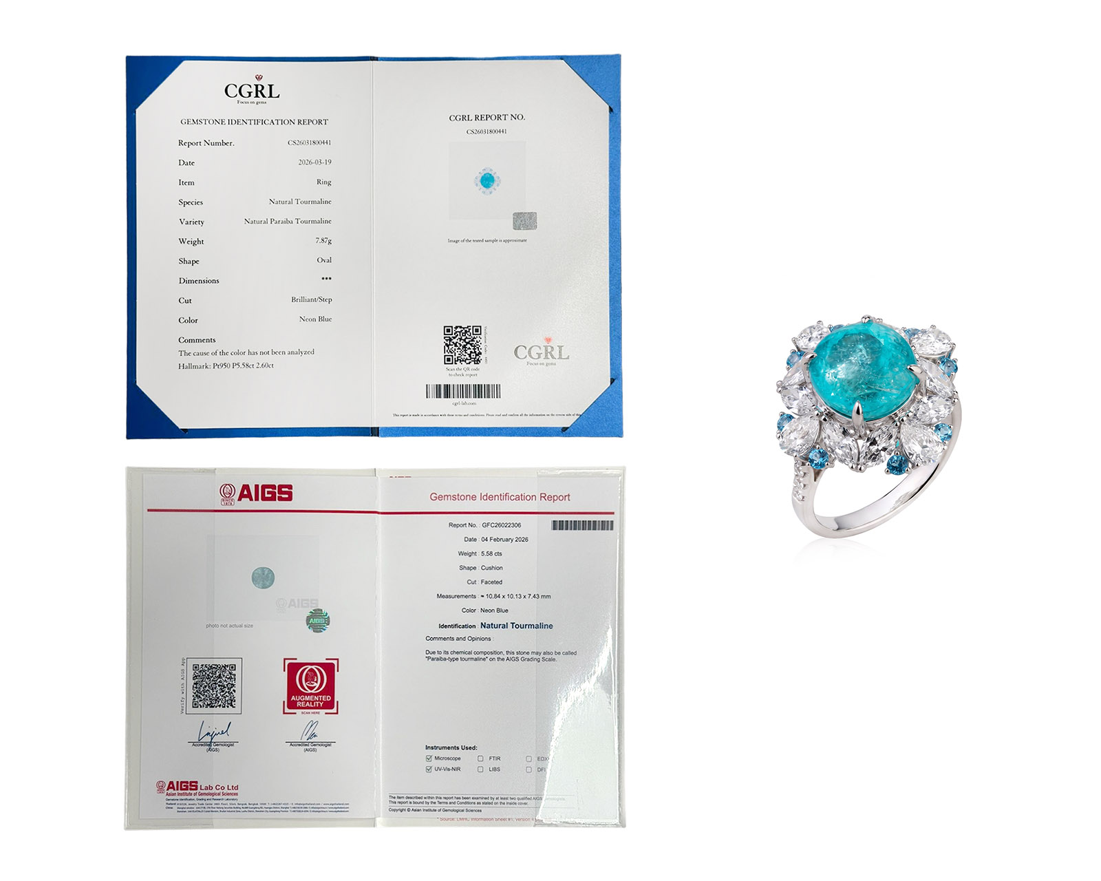 Платиновое кольцо с турмалином параиба 5.58ct и топазами 0.32ct