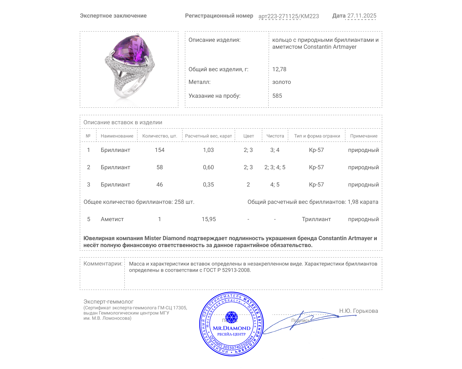 Оригинальное золотое кольцо с аметистом 15.95ct Constantin Artmayer