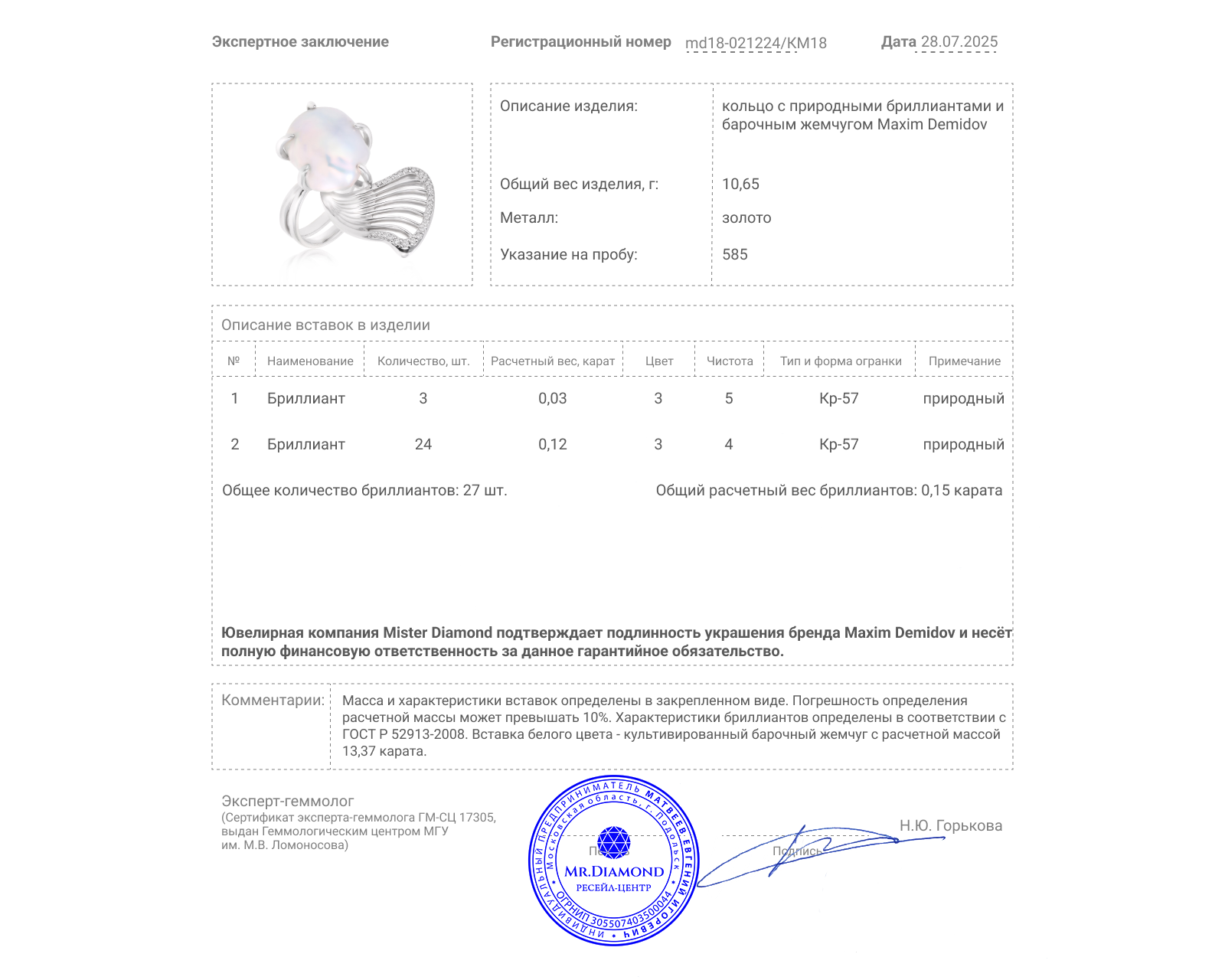 Оригинальное золотое кольцо с барочным жемчугом 13.37ct Maxim Demidov