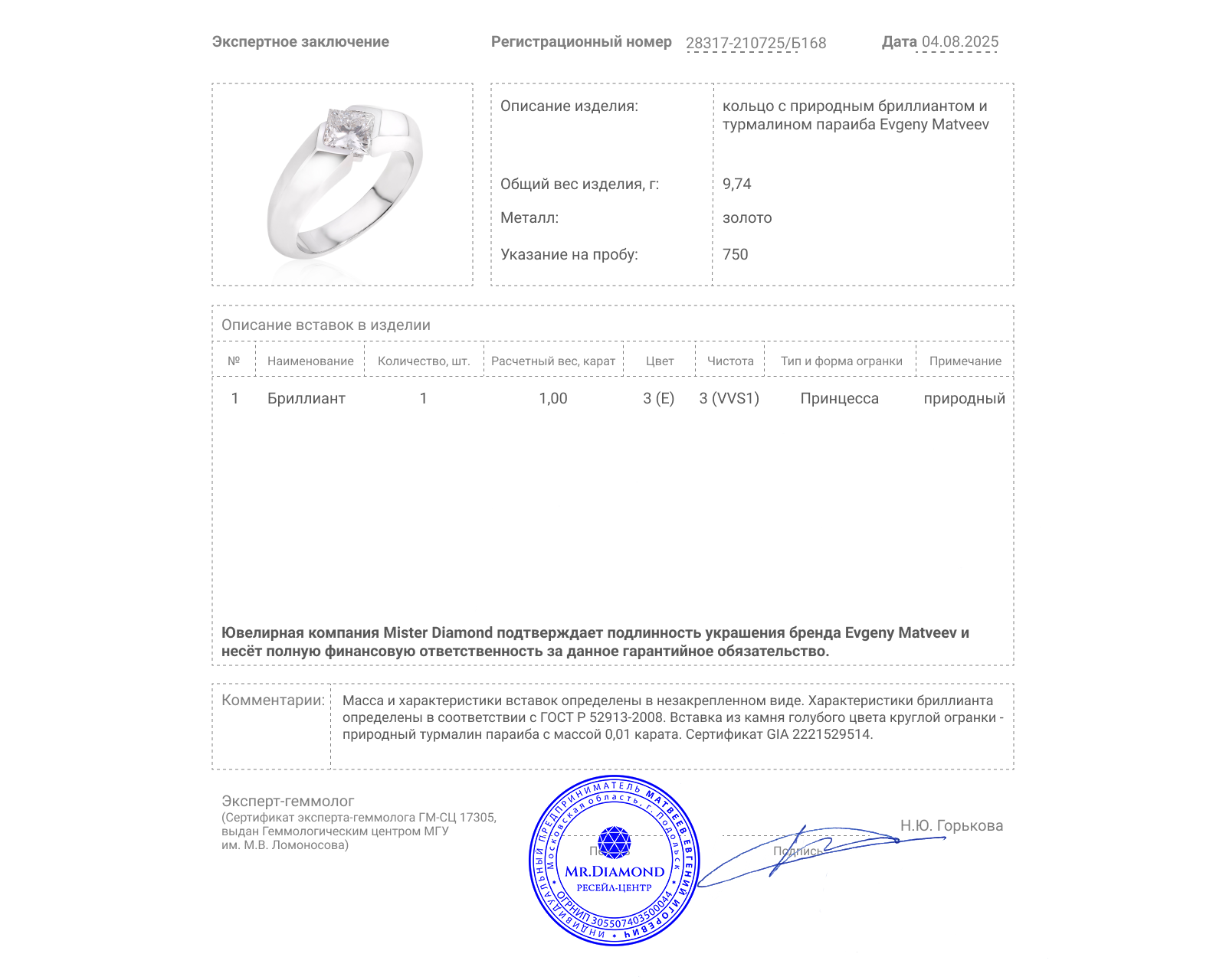 Золотое кольцо с бриллиантом 1.00ct Evgeny Matveev