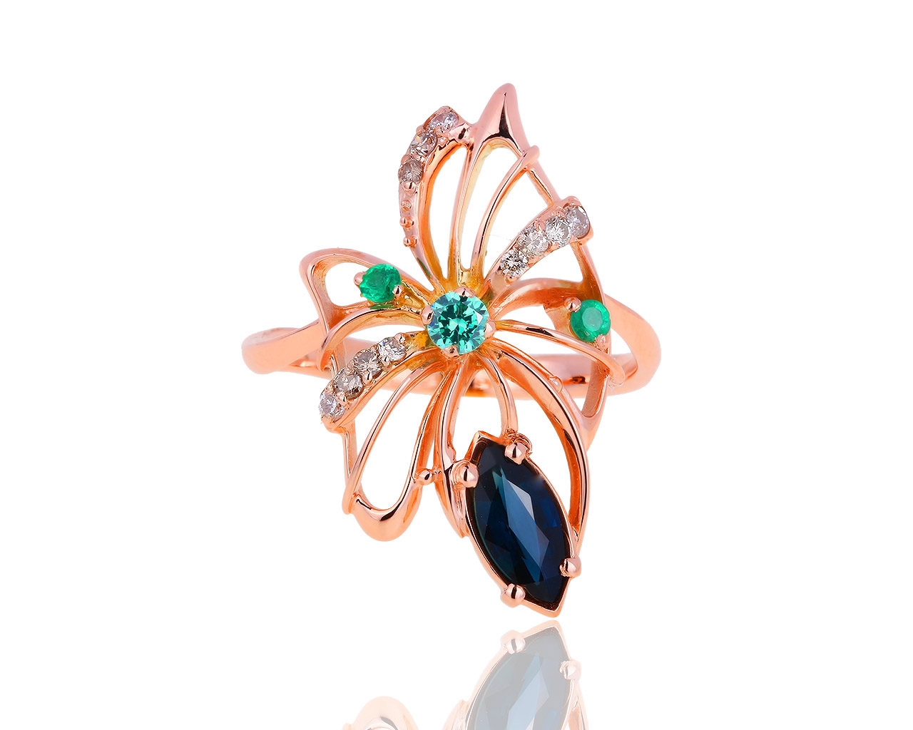 Золотое кольцо с изумрудами и сапфиром 0.46ct 171018/4